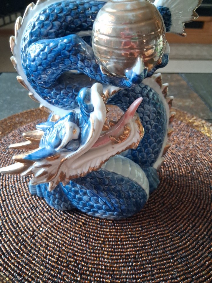 Vintage Yoshimi K Iridescent blue & Gold Eastern Dragon  Porcelain Figurine