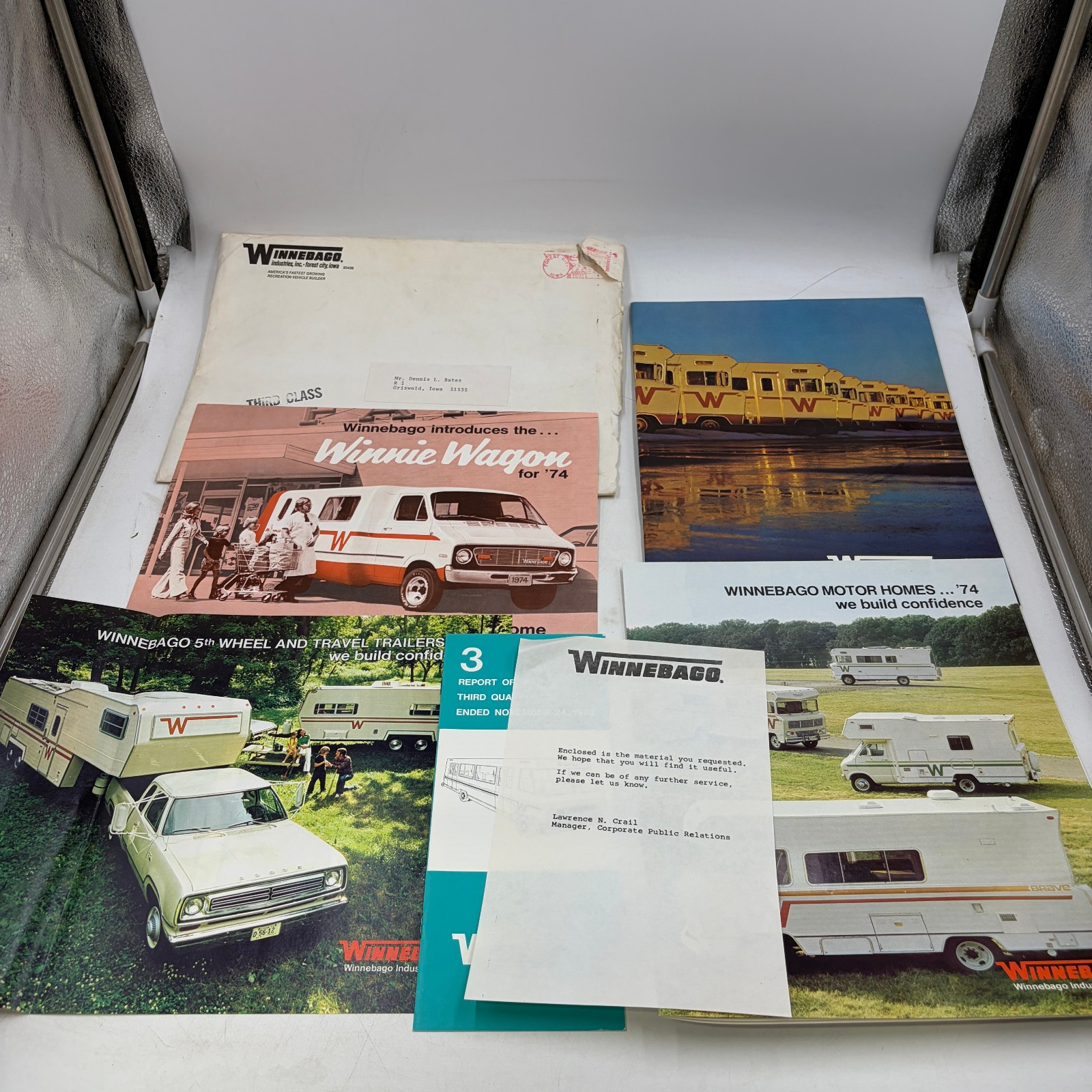 1973 1974 Winnebago RV Brochure Lot Winnie Wagon Annual Reports Letter Envelope