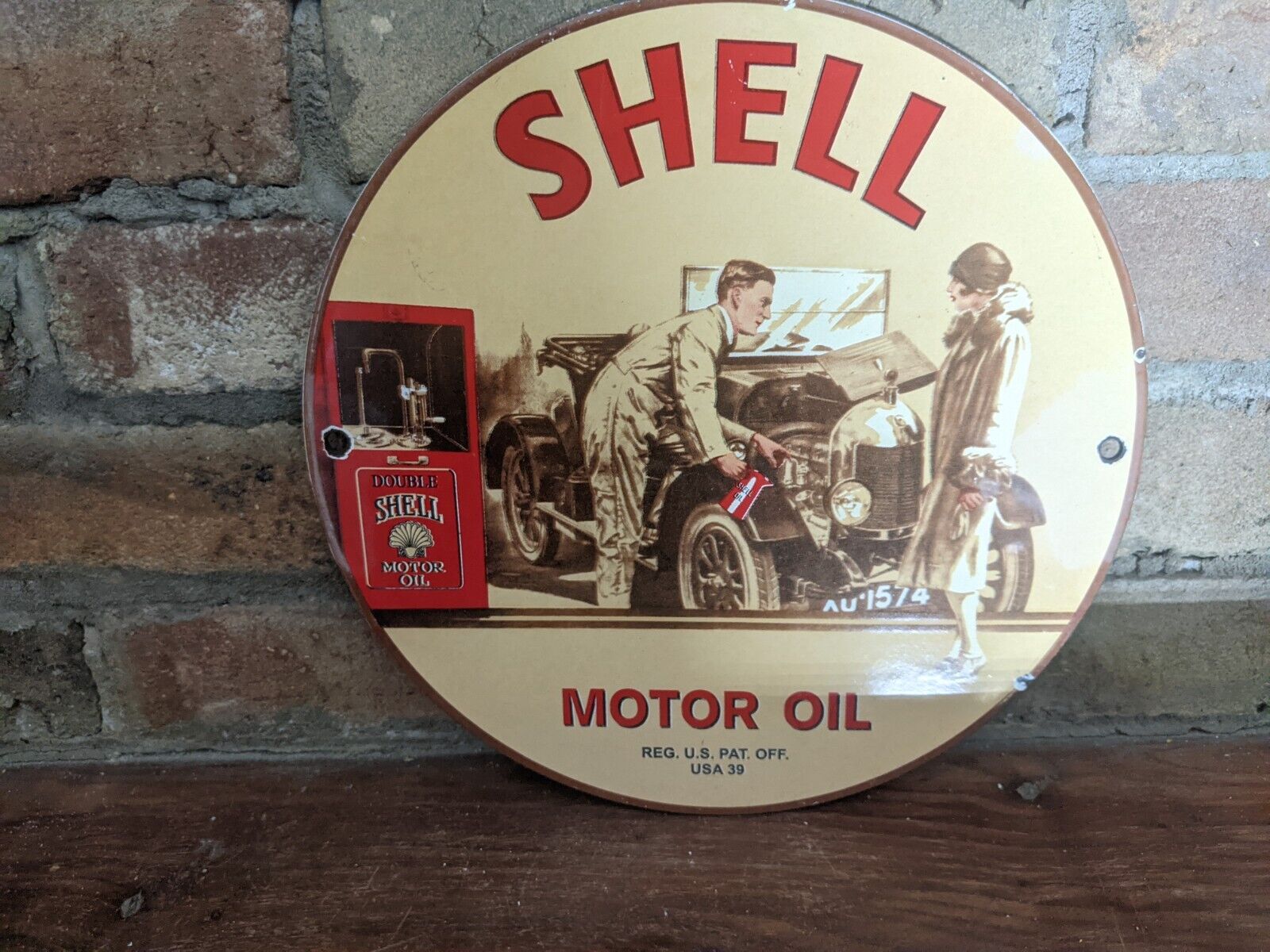 VINTAGE 1939 SHELL MOTOR OIL PORCELAIN METAL GAS PUMP SIGN GASOLINE 10\