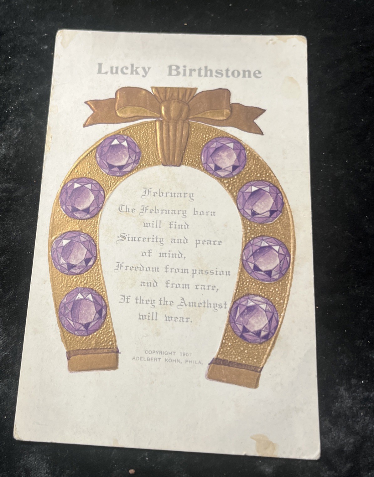 Lucky Birthstone Postcard Horseshoe February Embossed c1910's Amethyst Antique