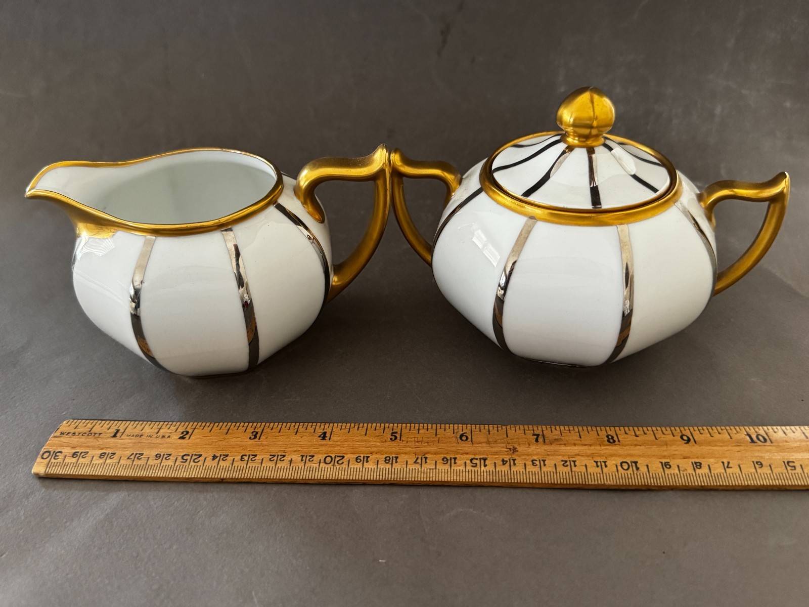 Z.S. & CO BAVARIA GOLD & SILVER TRIM ART DECO STYLE SUGAR BOWL & CREAMER SET VT