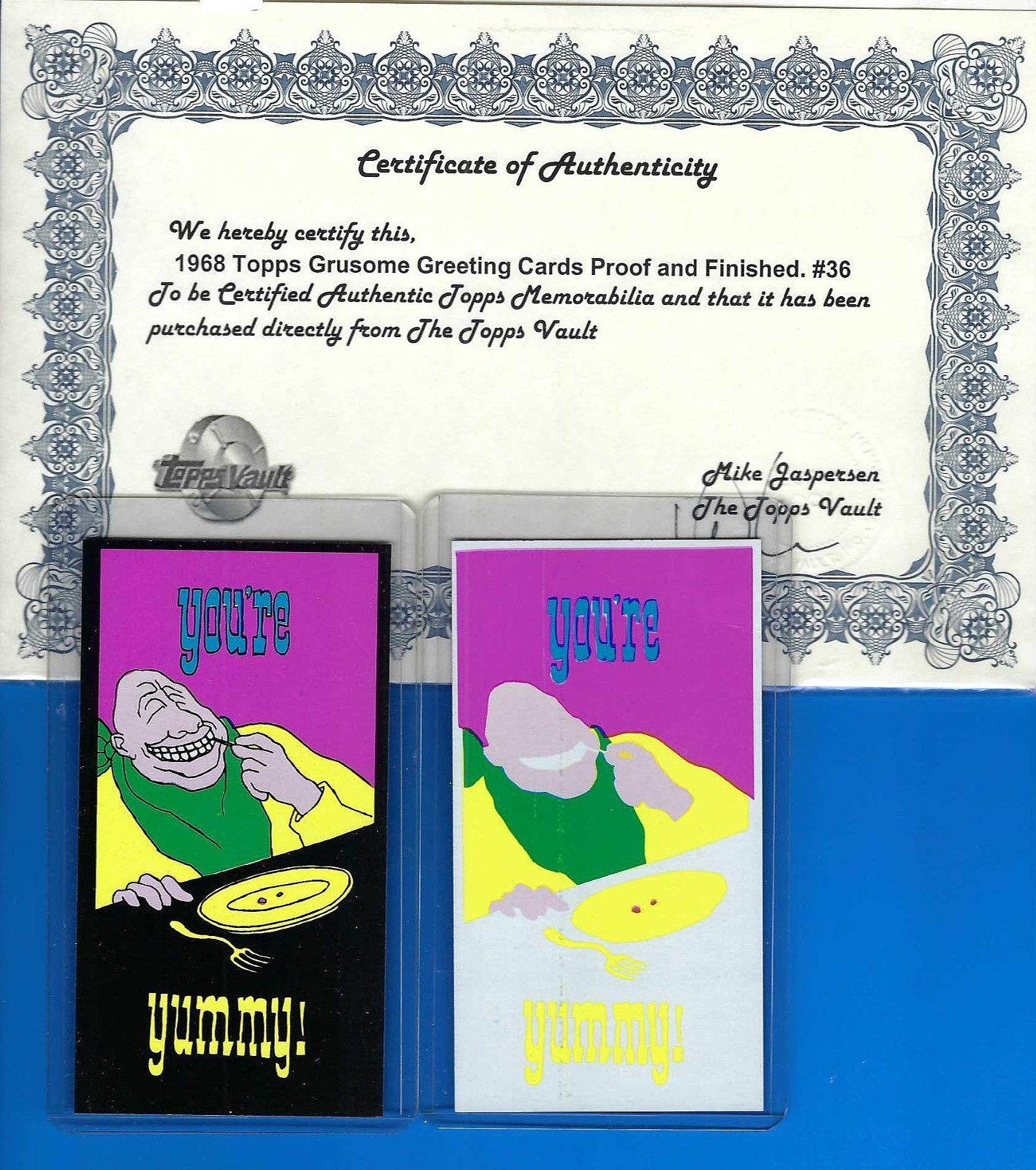 TOPPS VAULT TEST GRUSOME GREETINGS 1968 PROOF & FINISHED CARD #36 W/COA