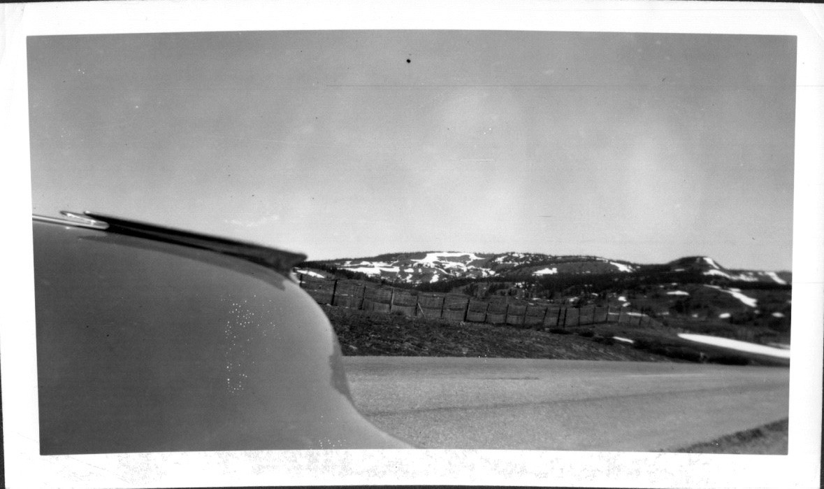 Vintage 1952 Black & White Roadside Car Hood Mountain Landscape Photo