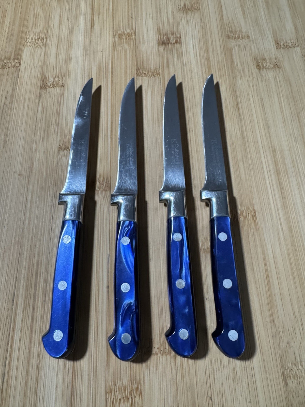 Set of 4 Vintage K Sabatier Stainless Steel 4 1/2 Inch Knives Blue Handle France