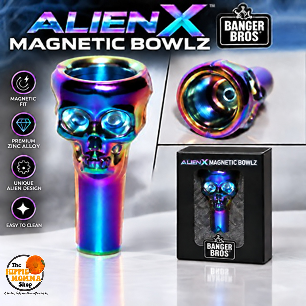 Alien X Cosmic Skull 14mm Magnetic Metal Slide Bowl 2-Piece Rainbow Finish