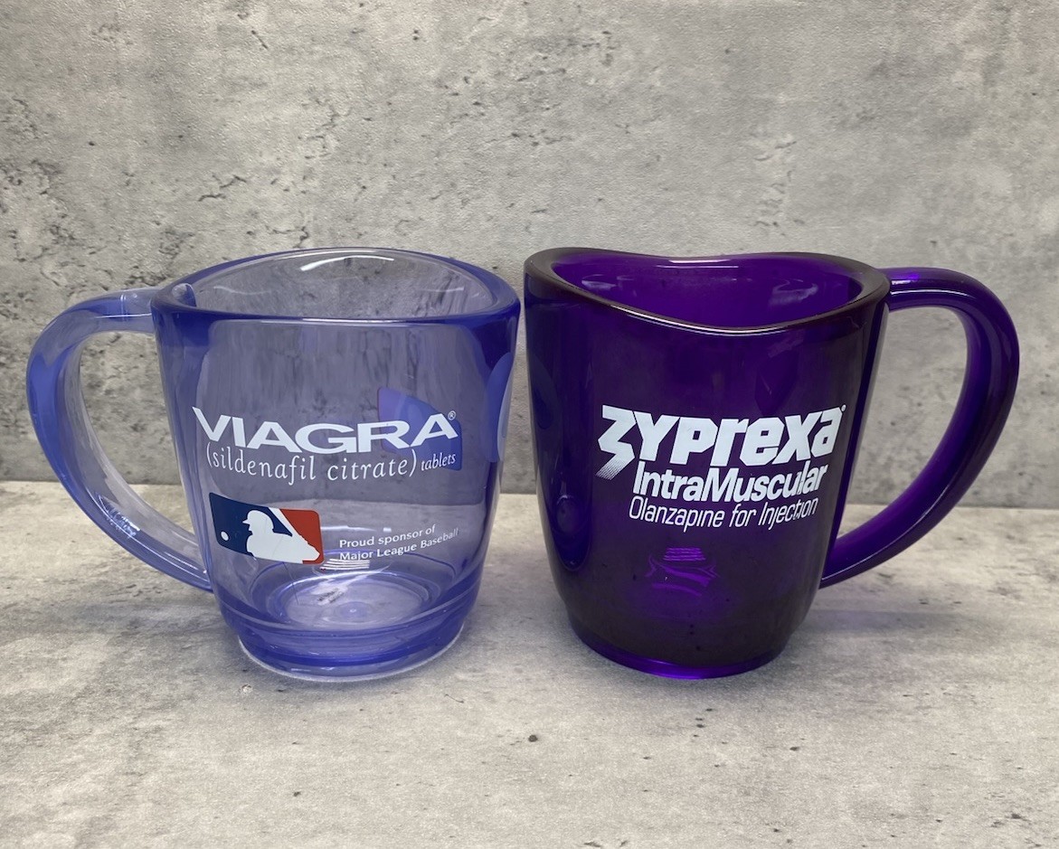 Vintage Viagra & Zyprexa Pharmaceutical Promo Mugs MLB Aria Vision USA Pair