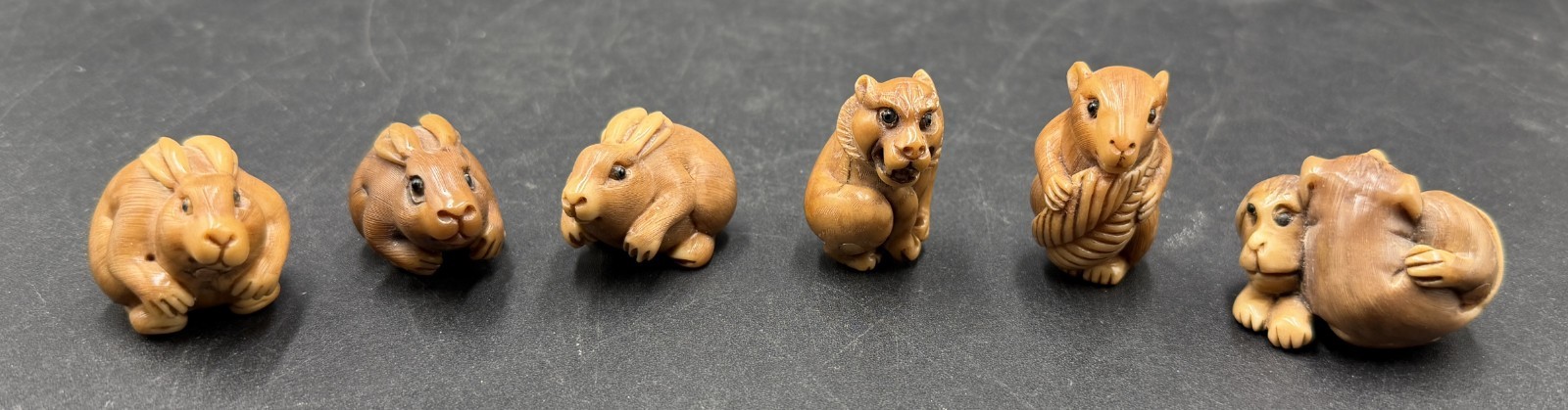 Vtg. Traditional,signed Japanese Netsukes- hand carved BOXWOOD animal figurines 