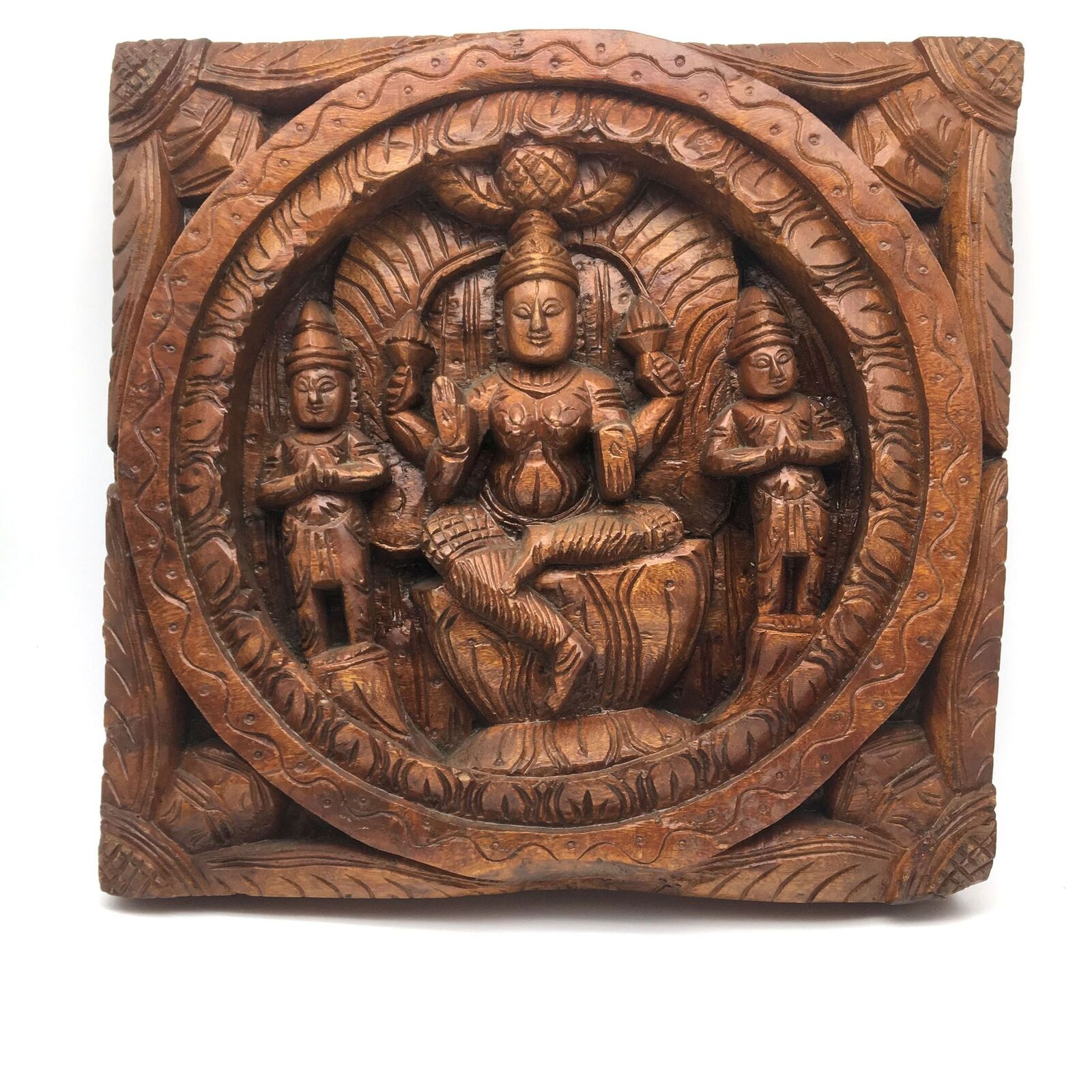 Hand-carved Solid Wood Carved Mata Maa Lakshmi Hindu Goddess of Fortune Idol 11.