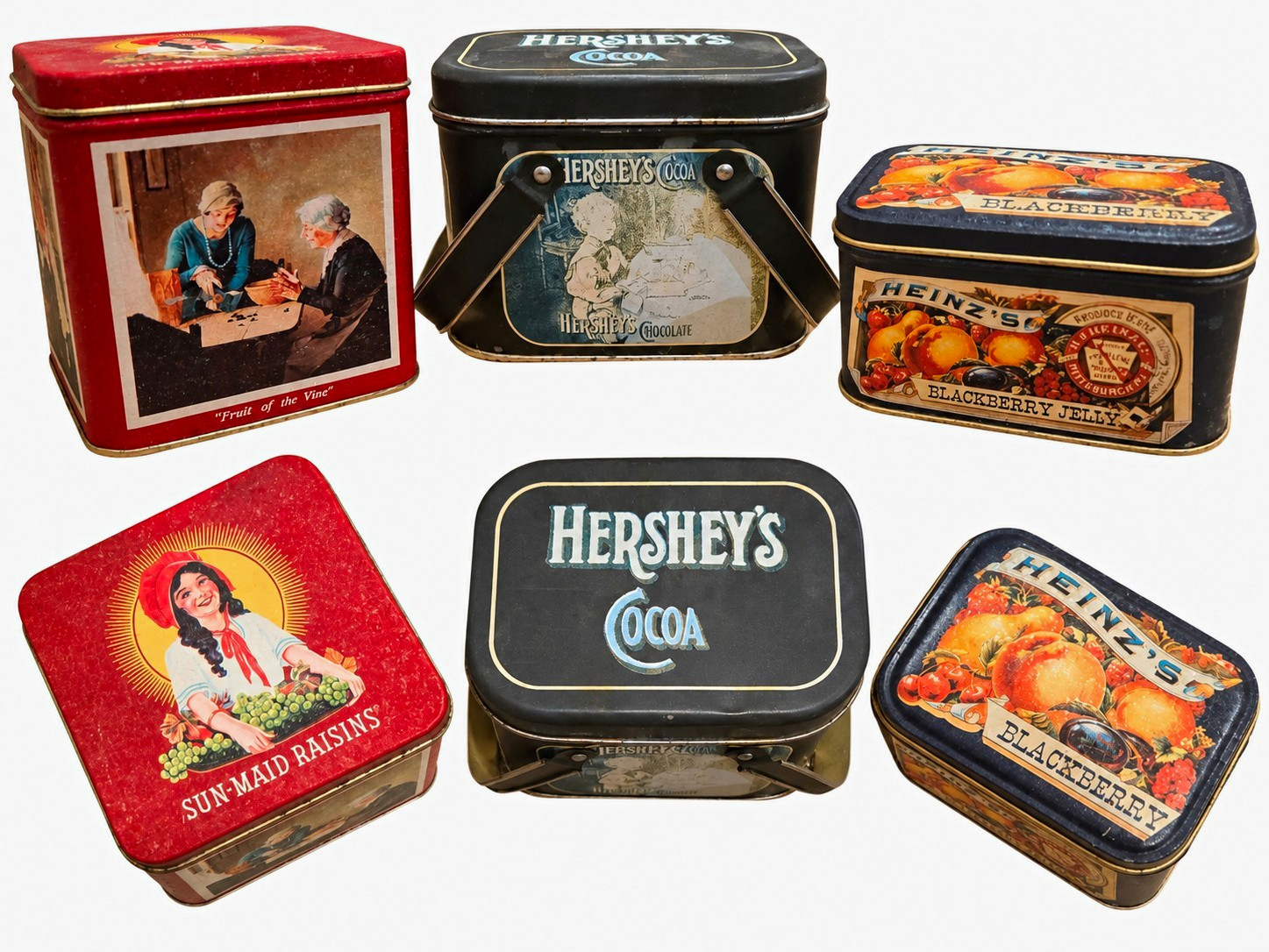 Vintage Advertising Tin Lot 3 Sun-Maid Raisins Hersheys Cocoa Heinz Jelly Set