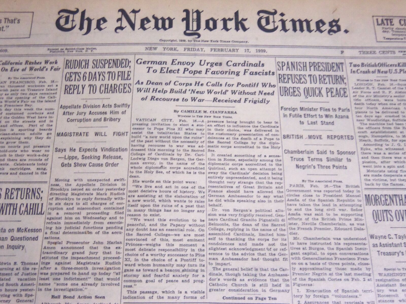 1939 FEBRUARY 17 NEW YORK TIMES - SPANISH PRESIDENT REFUSES TO RETURN - NT 6834