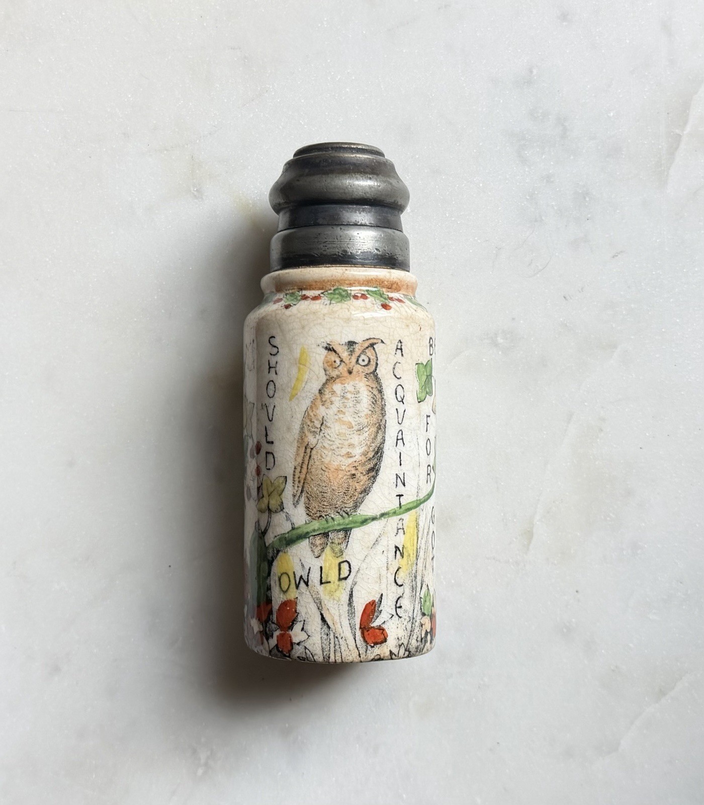 Antique Stoneware AULD LANG SYNE Owl Shaker w/ Metal Top Fall Colors Halloween