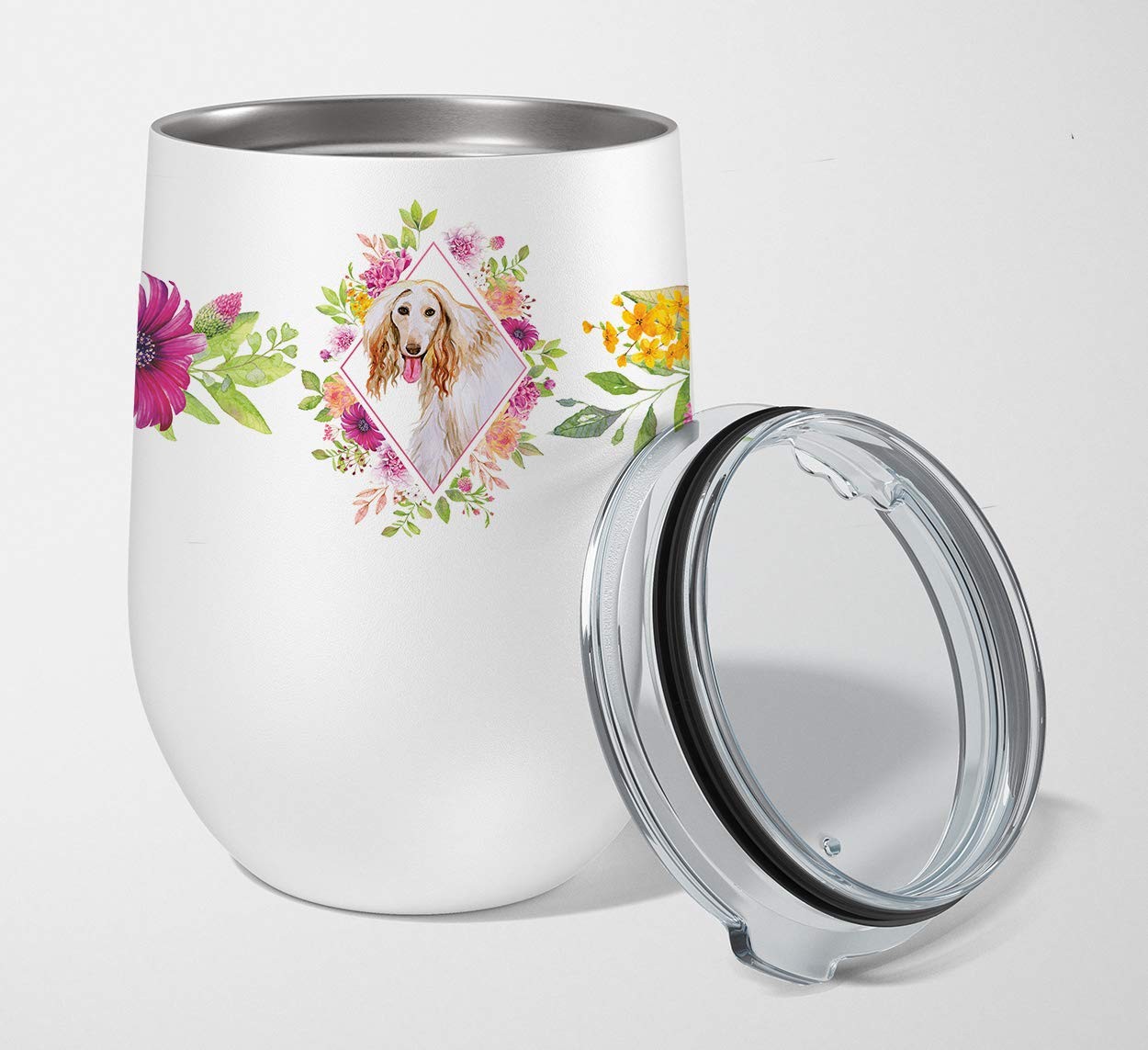 Caroline's Treasures CK4110TBL12 Afghan Hound Pink Flowers 12 oz Stemless Wine