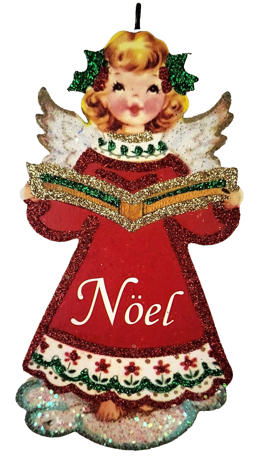 ANGEL in RED DRESS SINGING w BOOK - NOEL *  Glitter CHRISTMAS ORNAMENT * Vtg Img