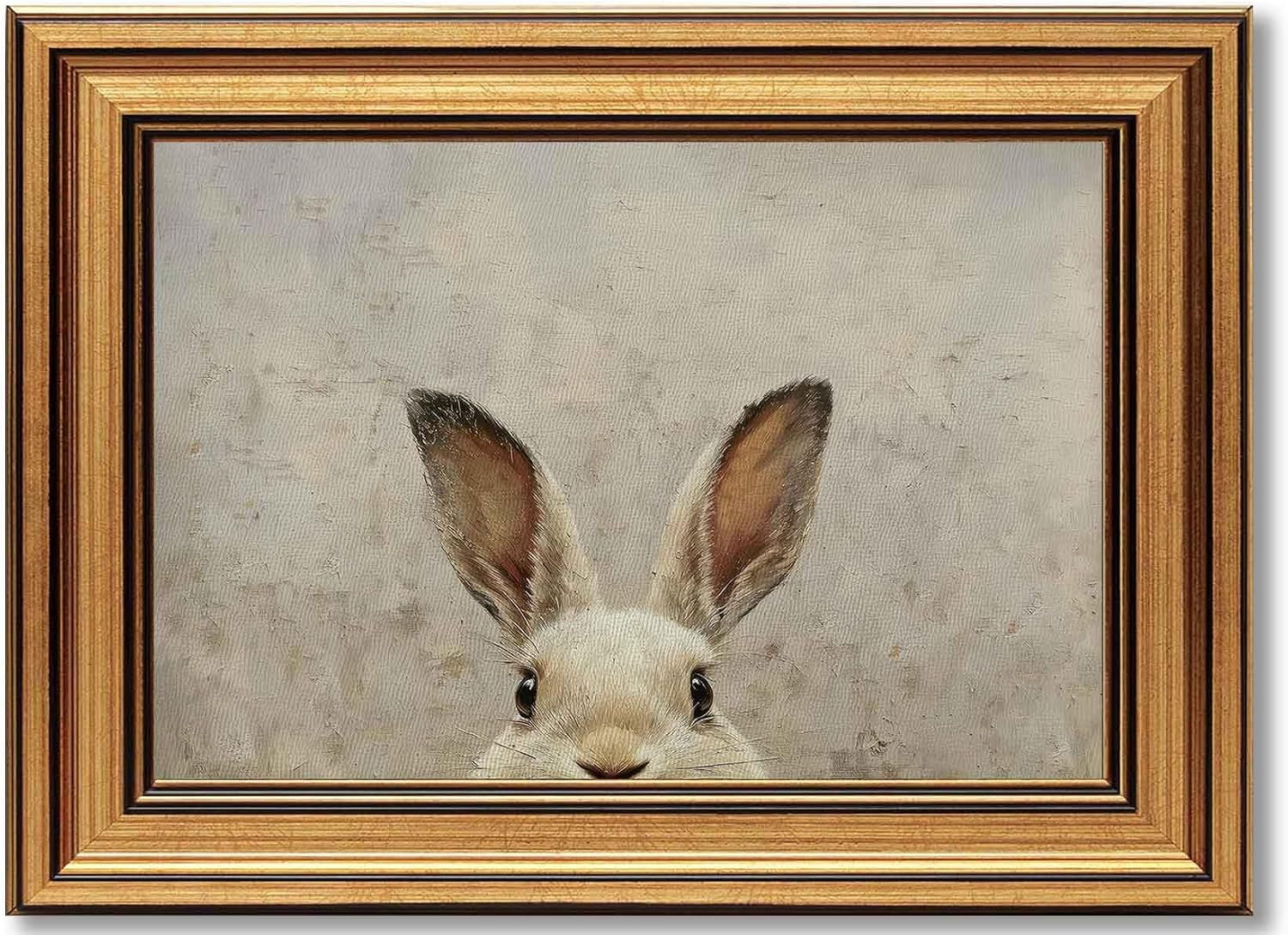 Gold Framed Funny Vintage Rabbit Canvas Wall Art Easter Bunny Painting Pictur...