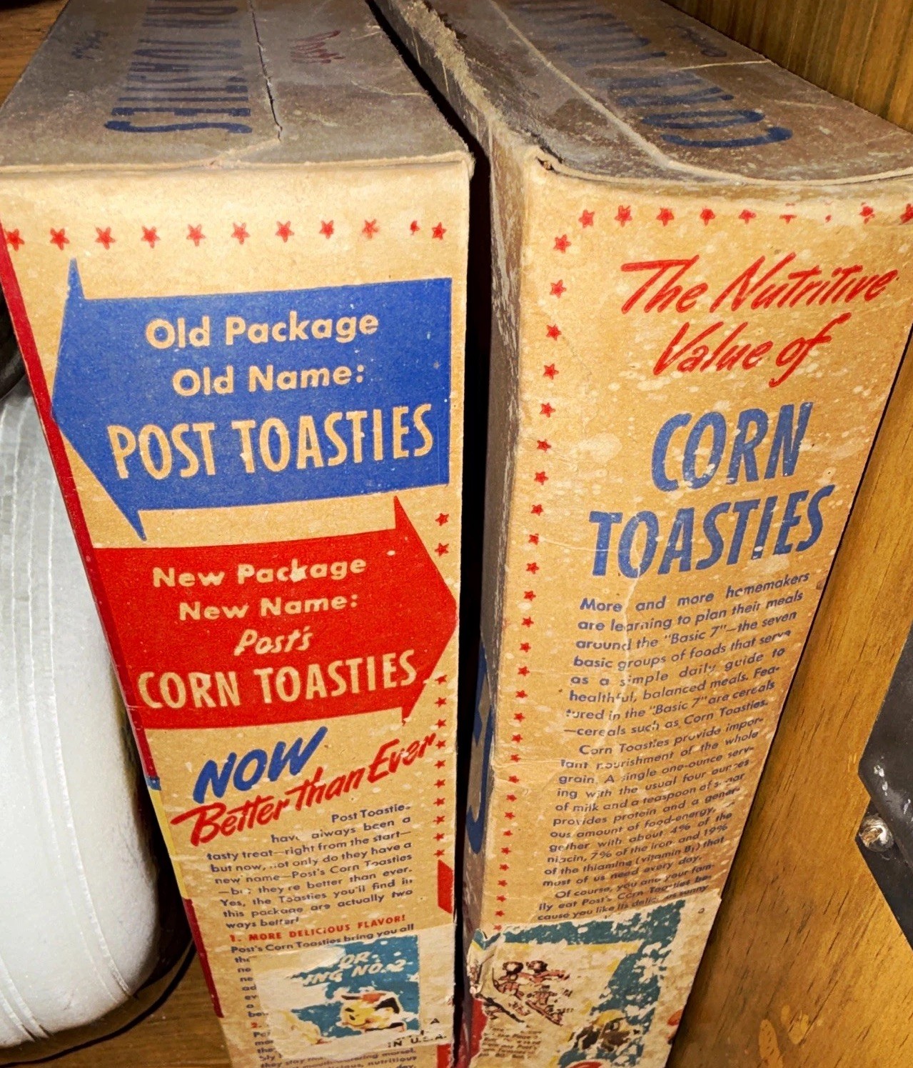1940s Post Toasties Corn Flakes Vintage Unopened Cereal  Two Boxes Name Change
