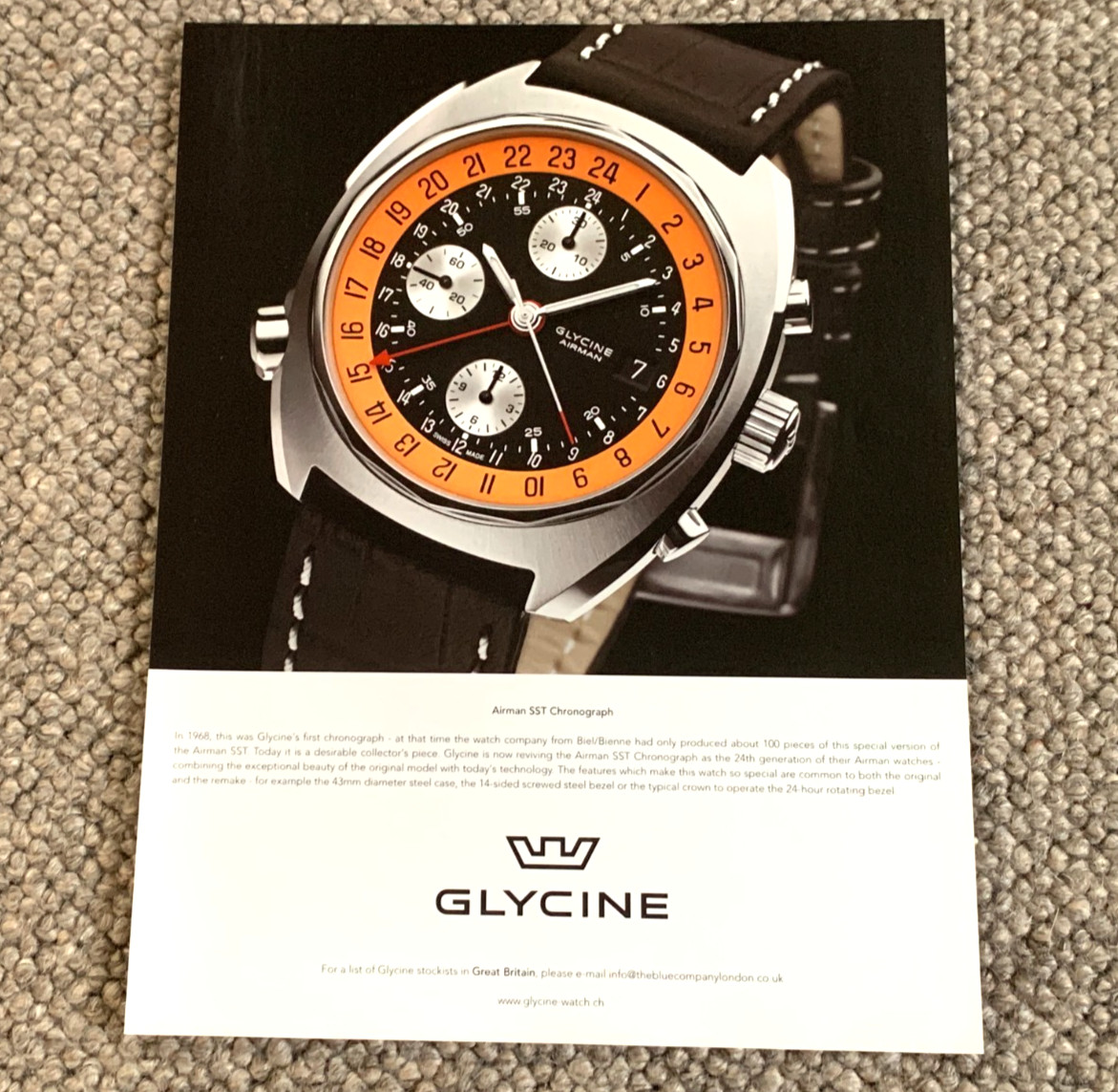 GLYCINE AIRMAN SST CHRONO - FRAMEABLE COLLECTIBLE ORIGINAL CLASSIC WATCH ADVERT