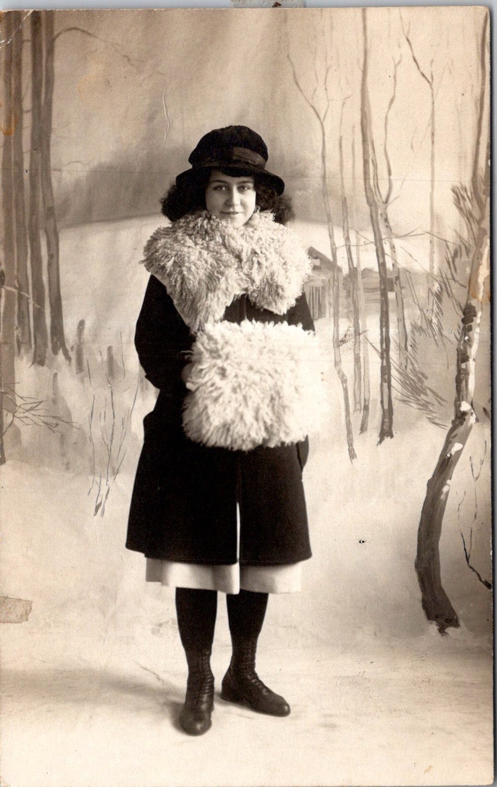 Woman in Winter Coat with Fur Muff RPPC Vintage Postcard 4P27-6