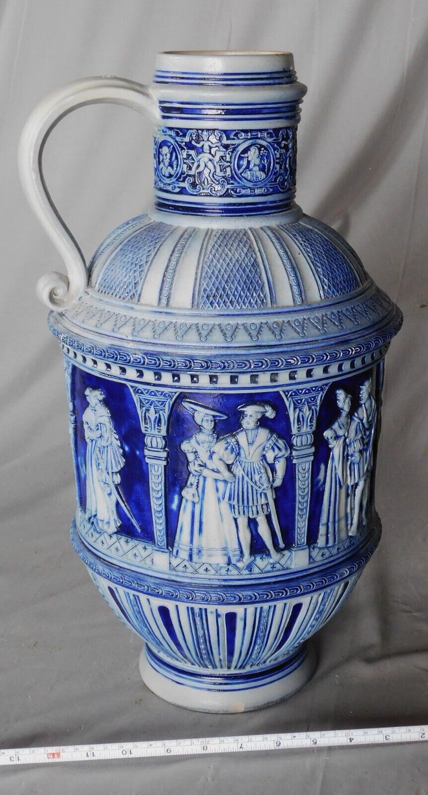 Huge Antique Westerwald salt glaze pitcher vase ewer German 19th c stoneware jug