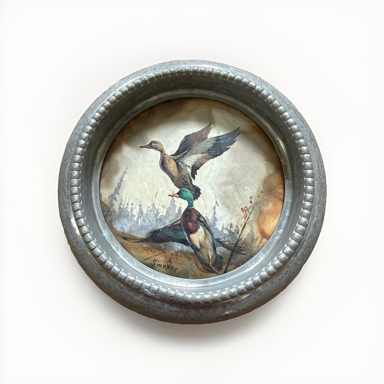 Vintage Fred Sweney Mallard Ducks Miniature Round Metal Frame Wildlife Art 3.25\