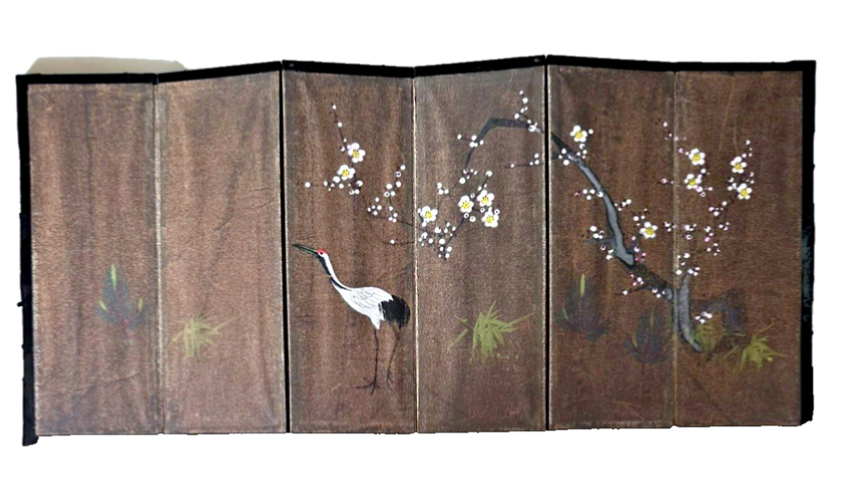 Japanese Six Panel Screen Byobu Meiji Plum Blossom Crane Framed Antique Japanese Six Panel Screen Byobu Meiji Plum Blossom Crane Framed Antique