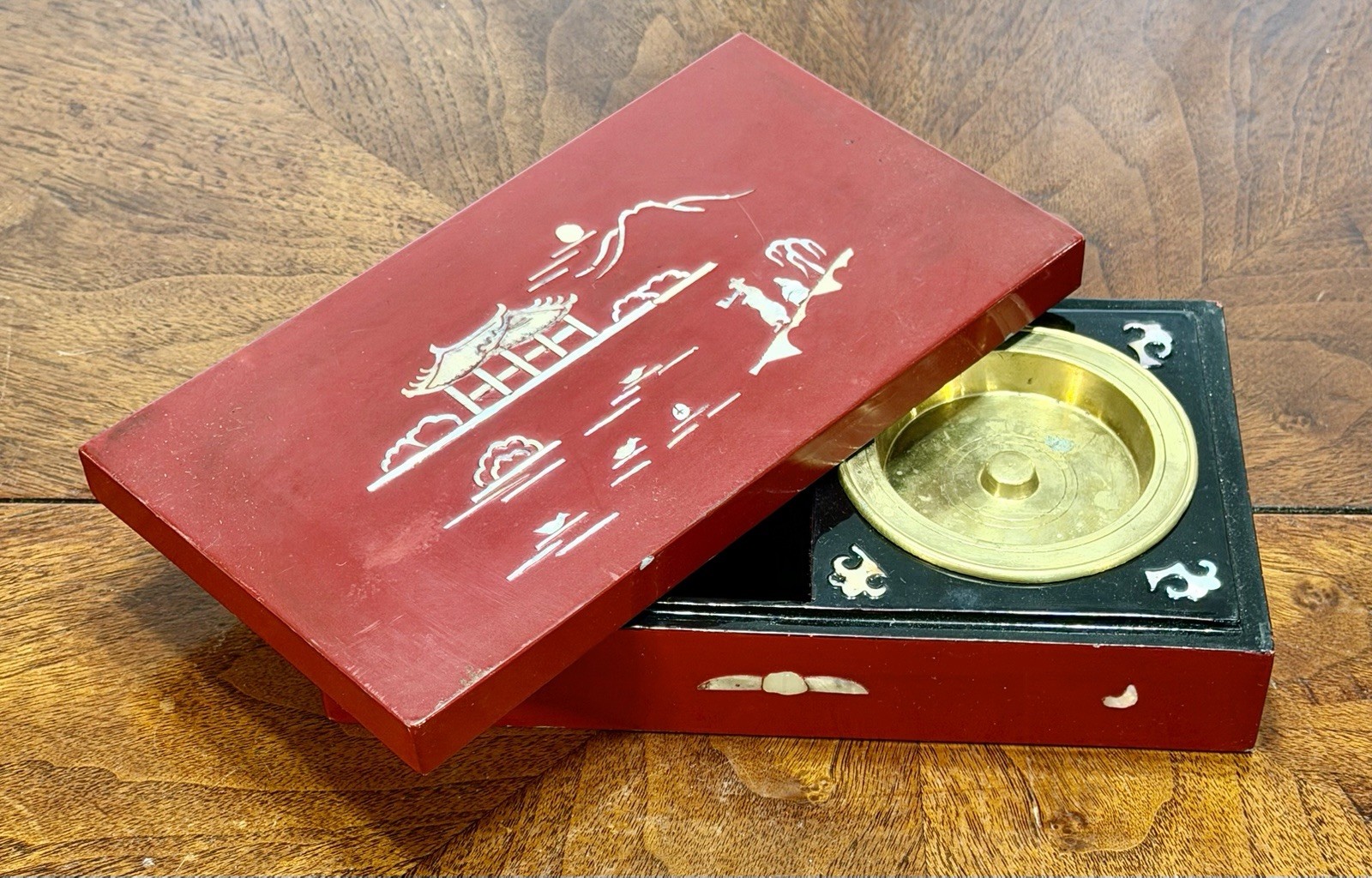 Vintage MCM Red Chinese Lacquer Smoking Box with Brass Ashtray Cup
