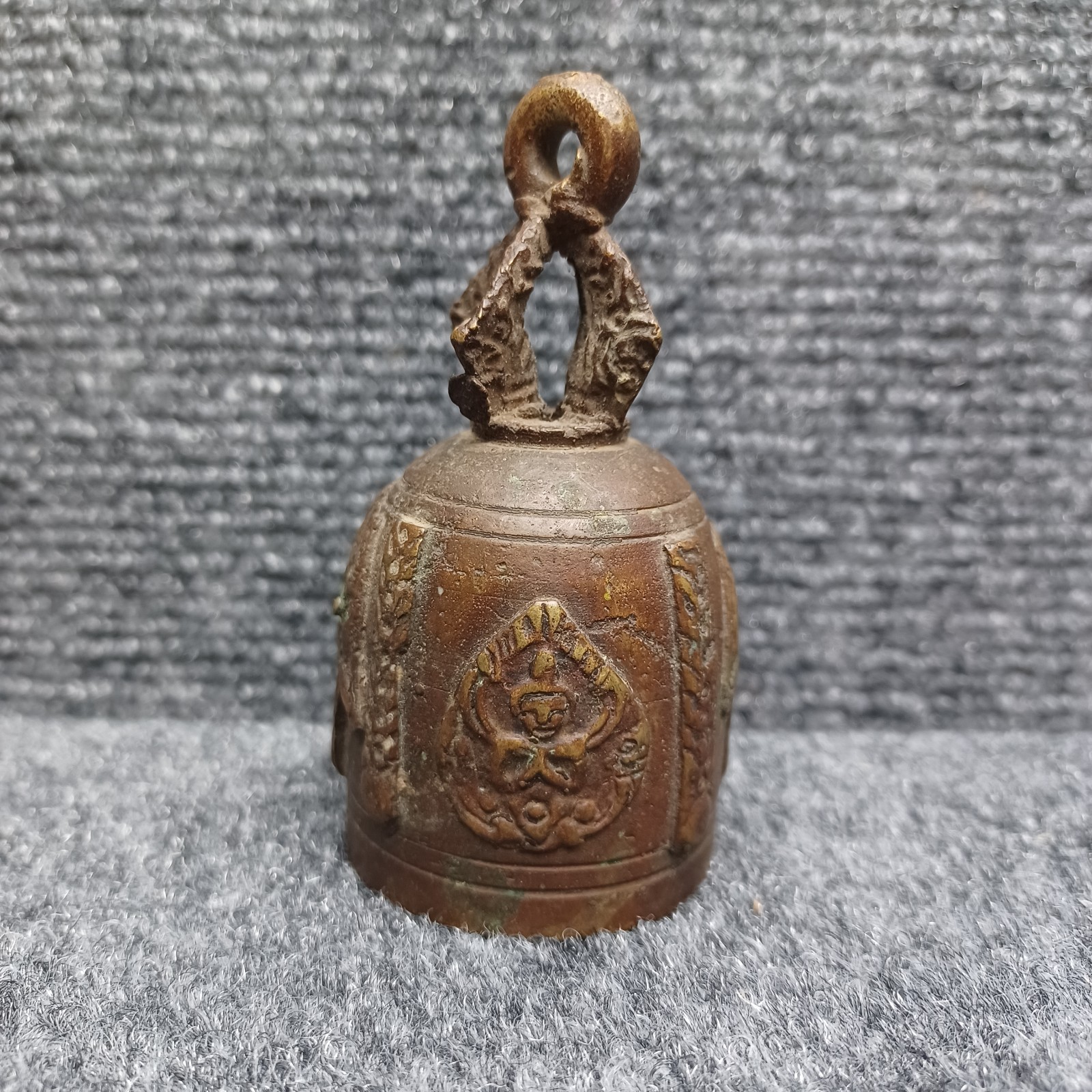 Vintage Thai Bronze Temple Bell Spiritual Iconography Relief 3.3\ Vintage Thai Bronze Temple Bell Spiritual Iconography Relief 3.3\