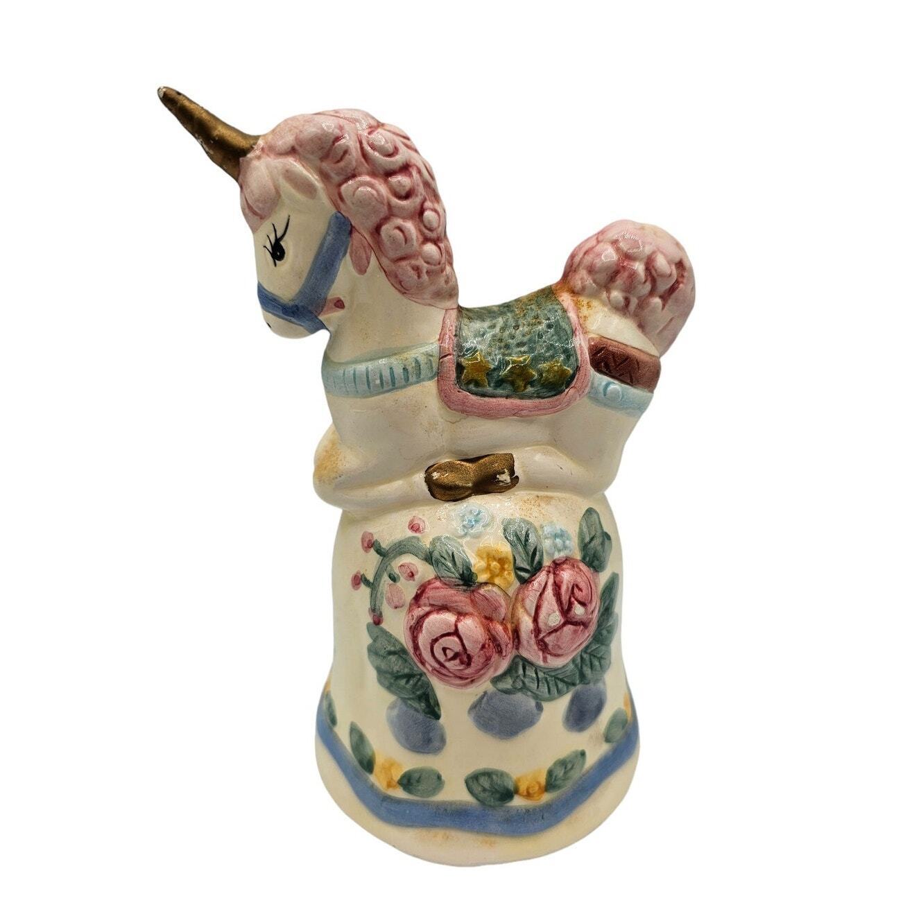 Vintage 1990s Hand Painted Ceramic Unicorn Bell w/ Rose Pattern