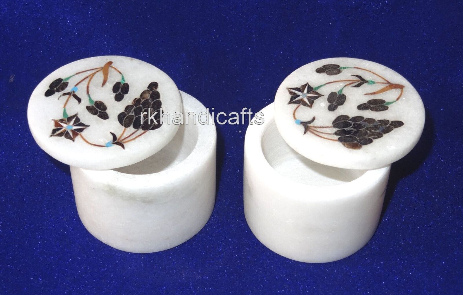 Set of 2 Pieces Grapes Pattern Inlay Work Jewelry Box Marble Pill Box 2.5 Inches