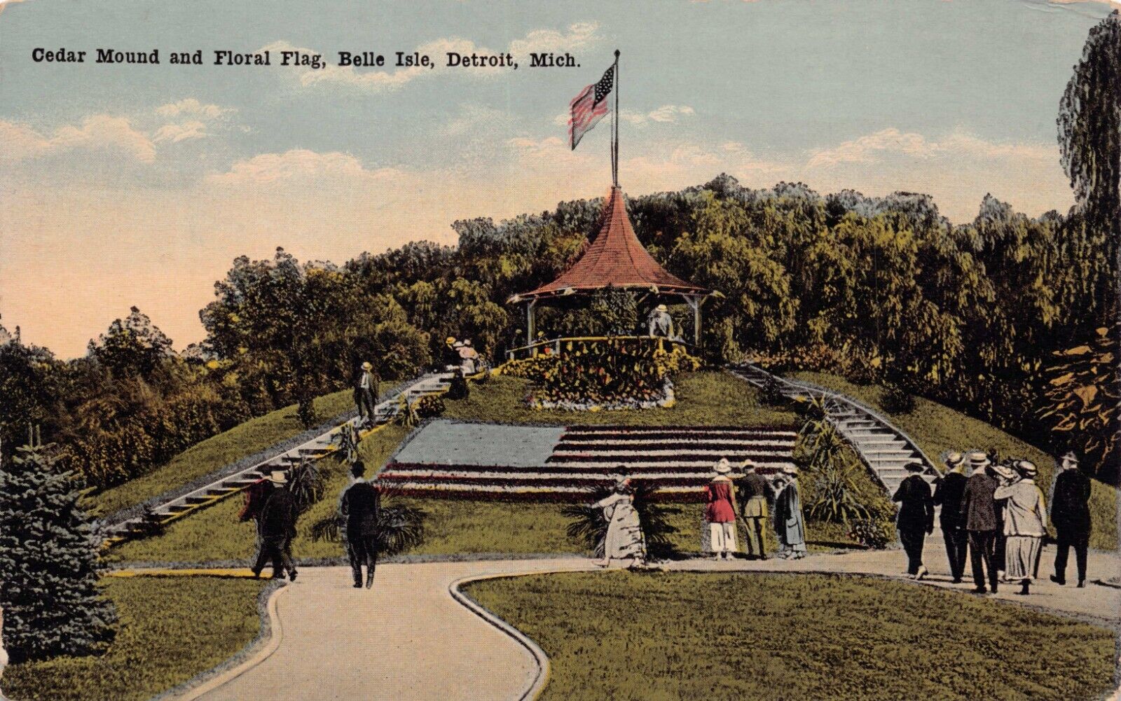 Belle Isle Detroit River Michigan Cedar Mound Floral Flag Vtg Postcard CP375