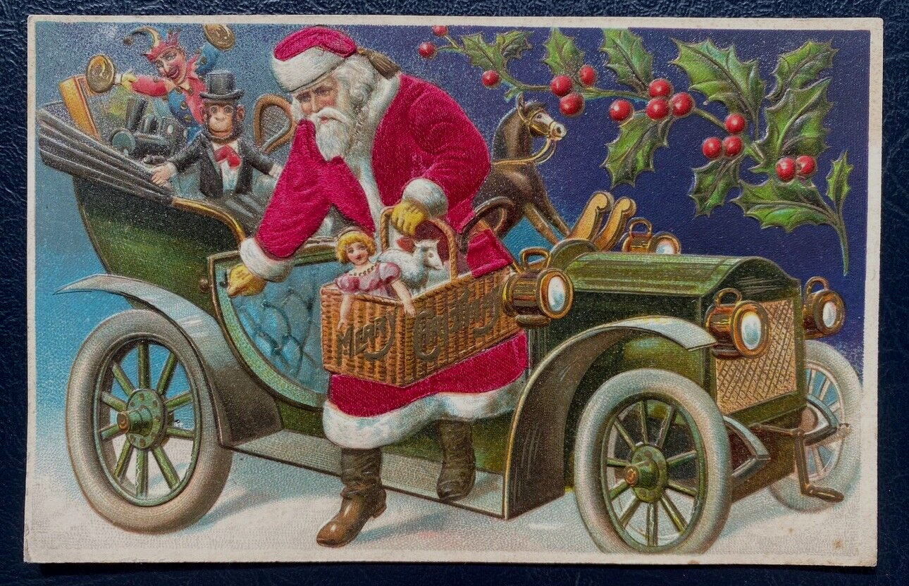 ~SILK ~SANTA CLAUS in Car~Toys~ Basket~Monkey~Doll~Holly CHRISTMAS Postcard~k255