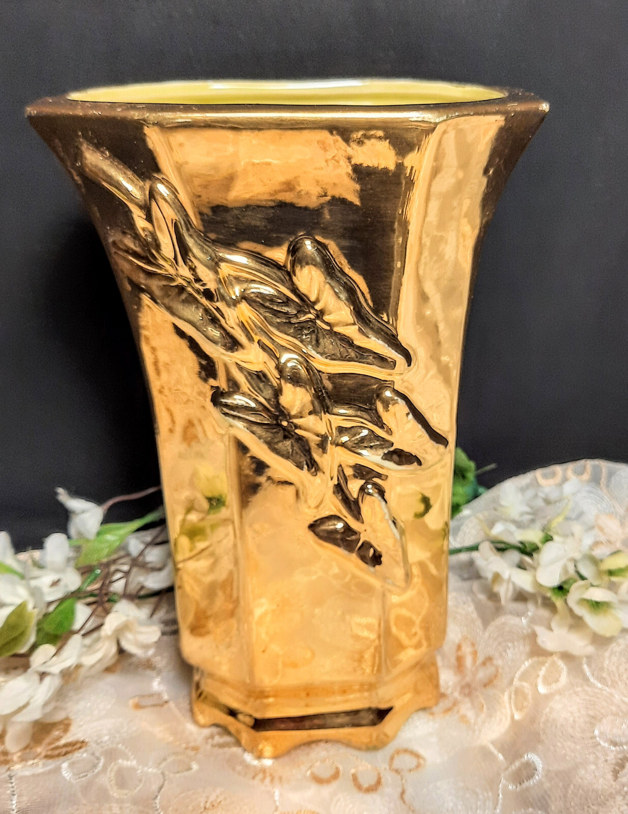 Vintage McCoy Style 24K Gold Covered Ivy Embossed Vase Green Glaze Interior