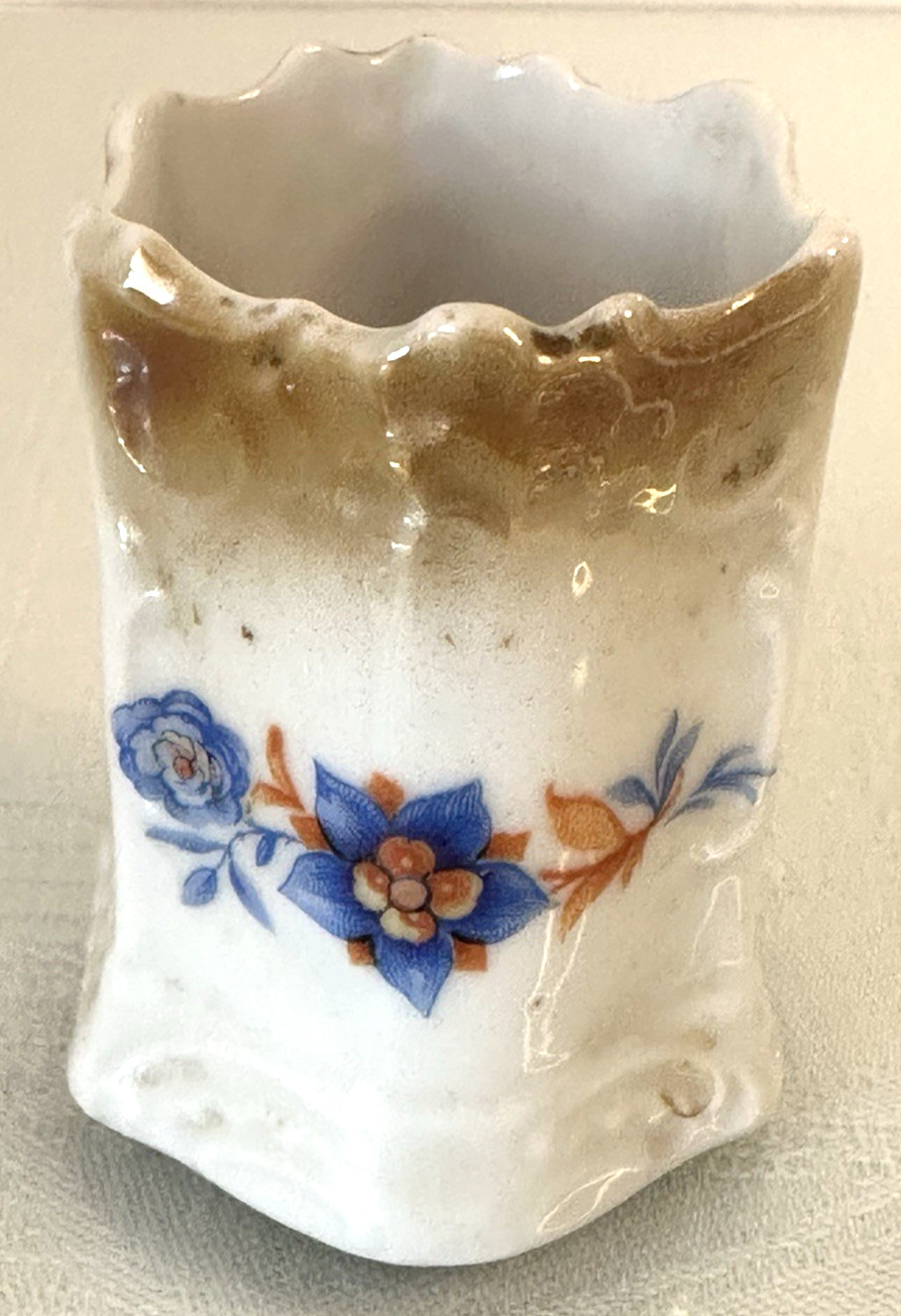 VINTAGE Porcelain Toothpick or Match Holder Germany Blue Floral 2.25 x 2 in