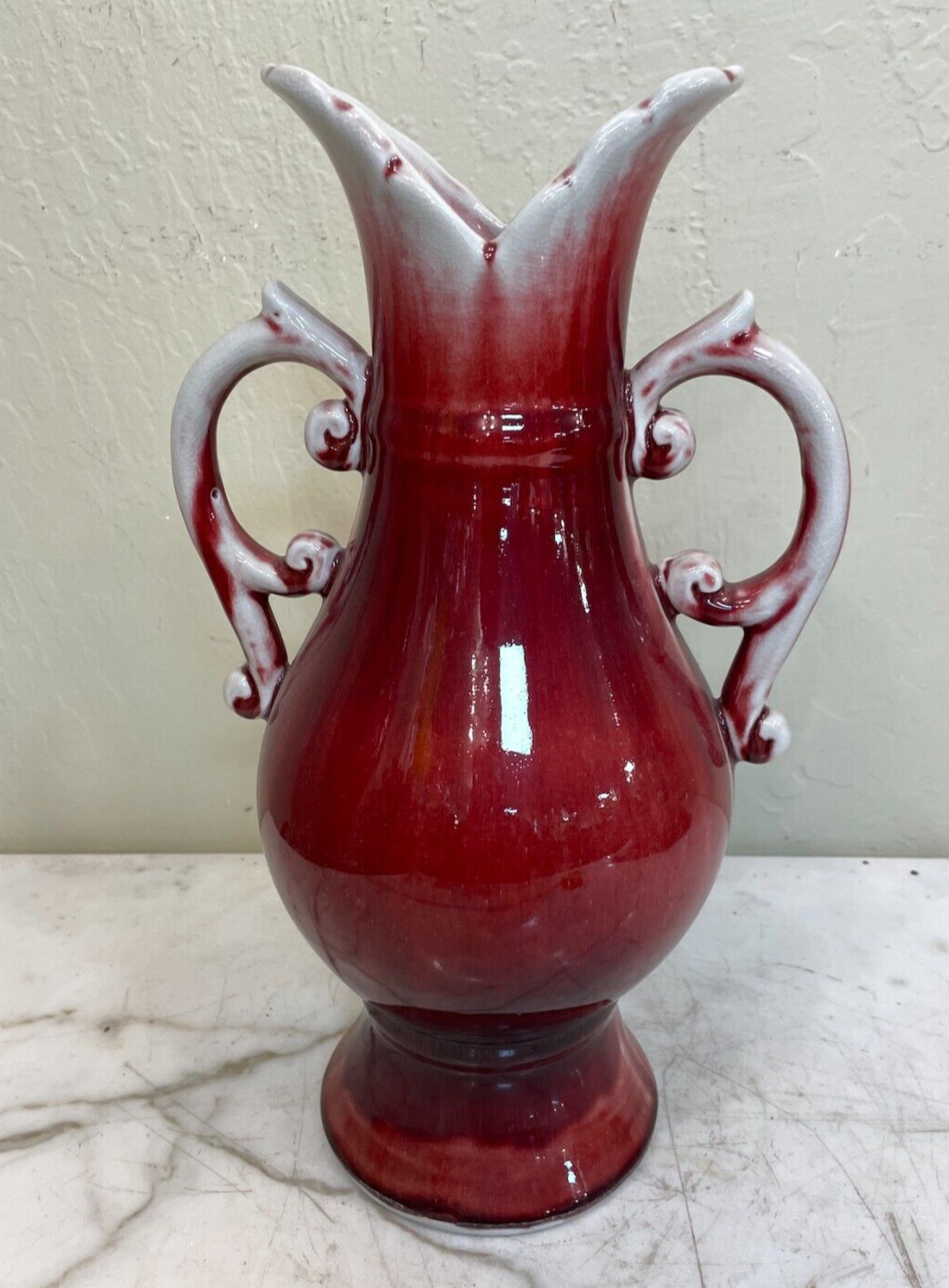 Unique Porcelain Red and White Vase with Handles