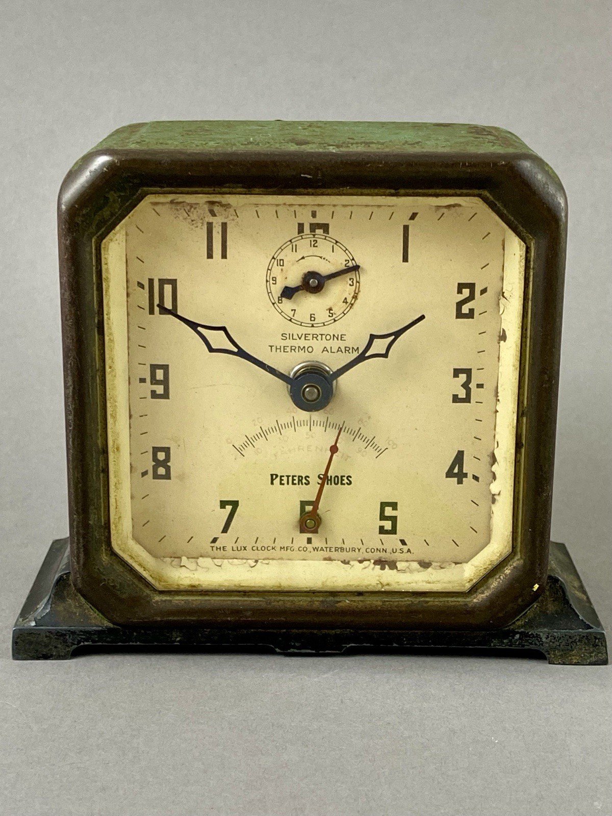 Vtg LUX SILVERTONE THERMO Wind Alarm Up Clock Peters Shoes Advertising - Works