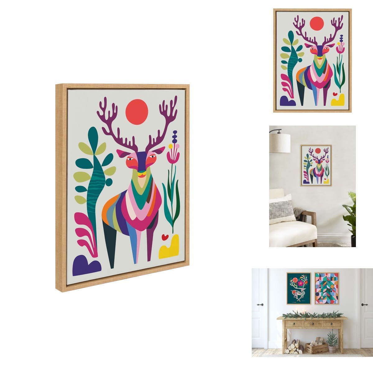 Kate and Laurel Sylvie MCM Reindeer Framed Canvas Art 18x24 Natural Christmas