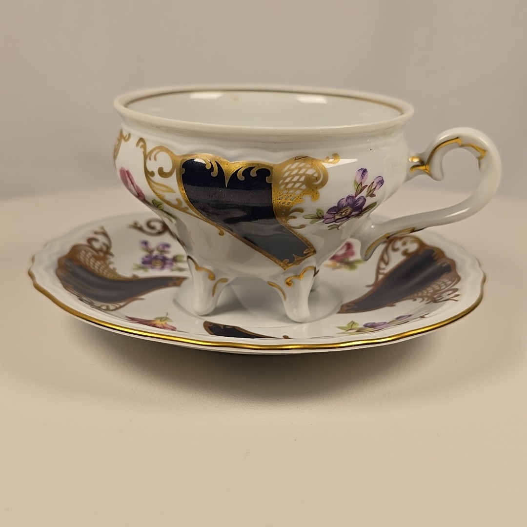 Vintage Echt Weimar Kobalt Footed Tea Cup Saucer Set GDR Germany #12 Vintage Echt Weimar Kobalt Footed Tea Cup Saucer Set GDR Germany #12