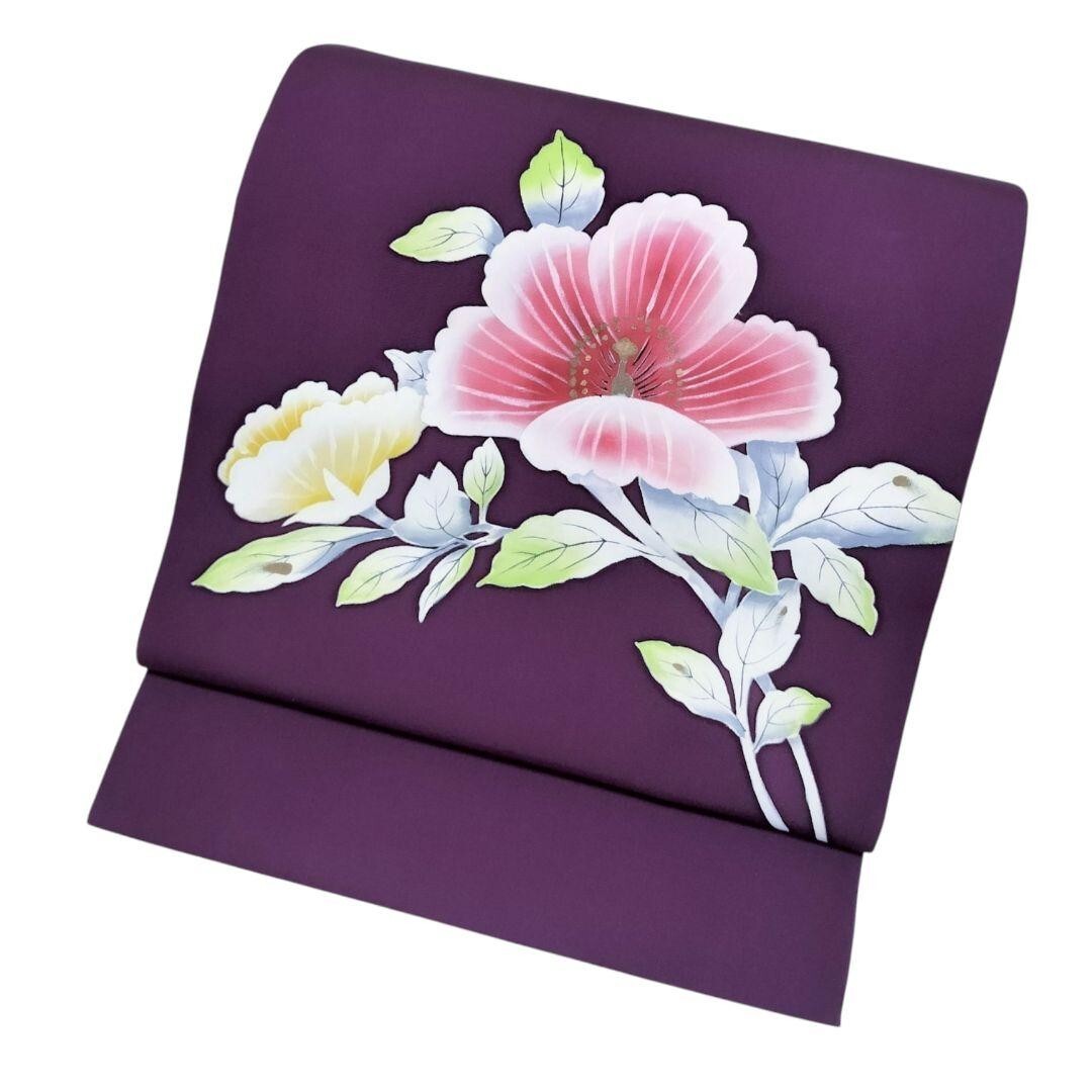 【NAGOYA OBI】Japanese Kimono Silk Obi/Purple/ Floral /Shioze/Casual/Hand-Painted