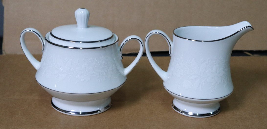Vintage Noritake Ranier 6909 Sugar Bowl with Lid and Creamer Platinum Trim Japan