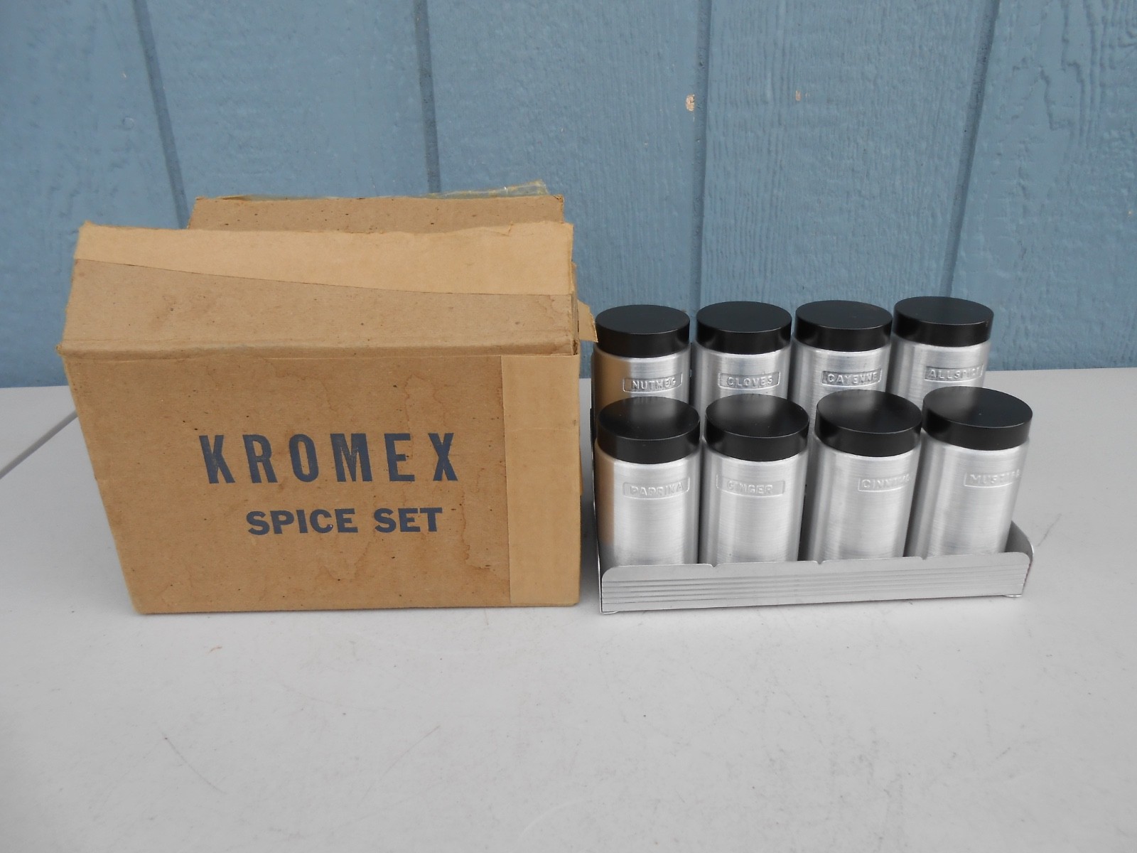 Vintage Kromex Aluminum Spice Jar Set 8 Shakers with Wall Rack New Open Box Vintage Kromex Aluminum Spice Jar Set 8 Shakers with Wall Rack New Open Box
