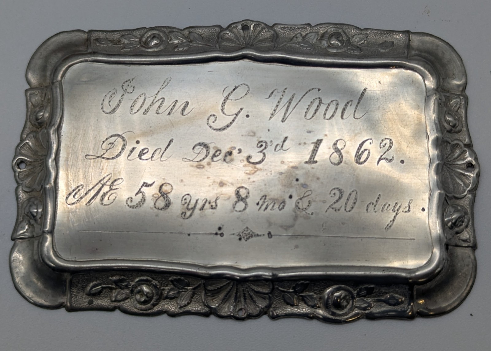 1862 Casket Coffin Plate Plaque - John G Wood - Freedom NY Cattaraugus Civil War