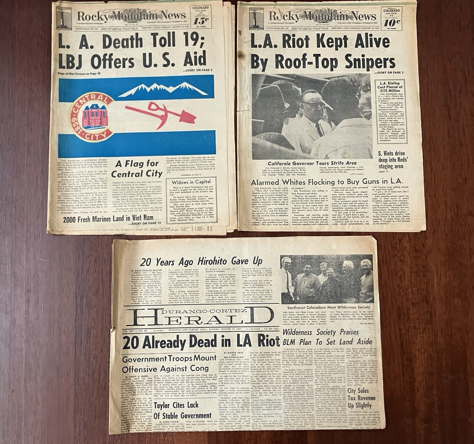 Lot of 3 Rocky Mountain News Durango Herald LOS ANGELES WATTS RIOTS August 1965