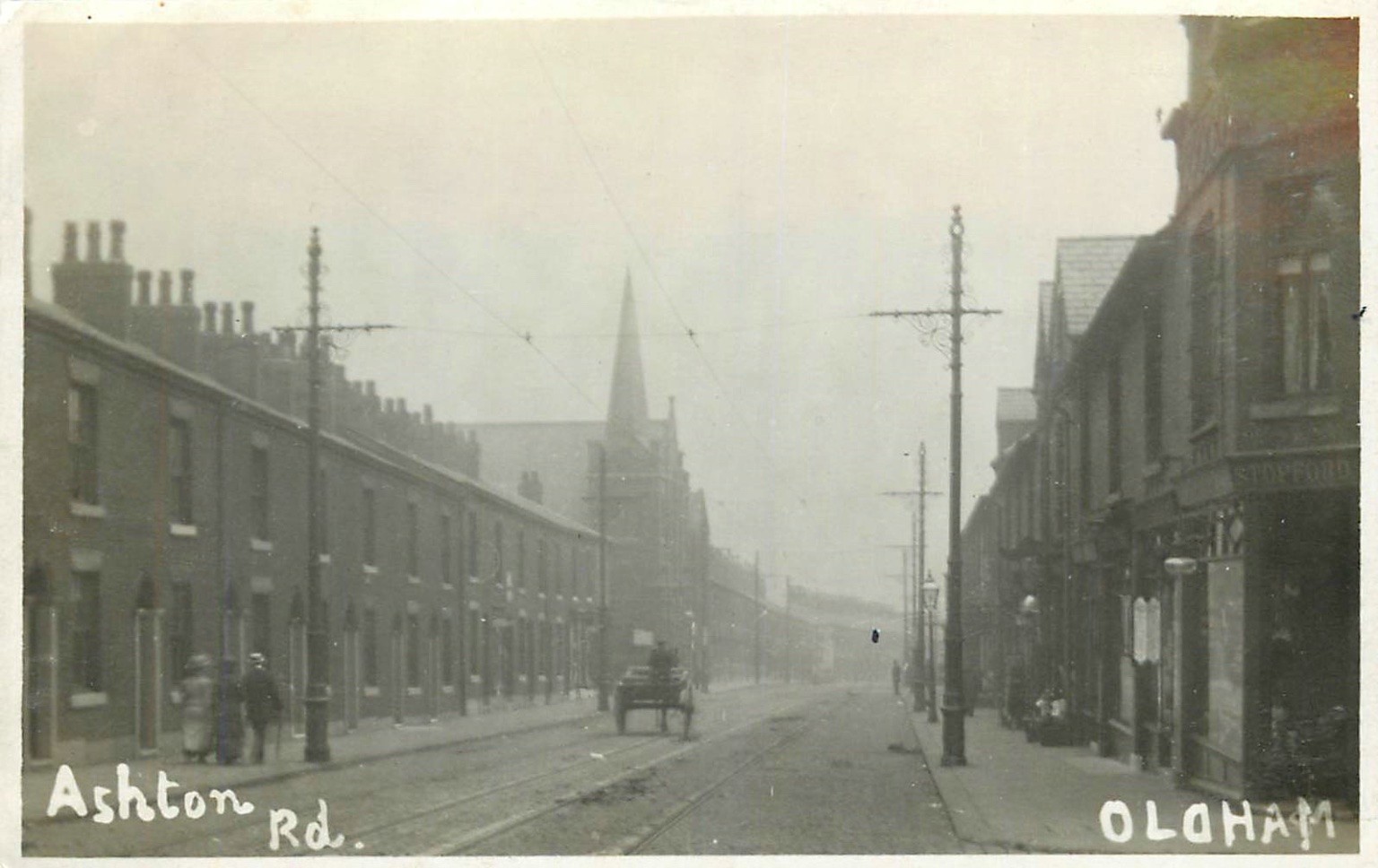 Vintage c1910 Ashton Rd Oldham UK Real Photo Postcard Church Tram Tracks RPPC Vintage c1910 Ashton Rd Oldham UK Real Photo Postcard Church Tram Tracks RPPC