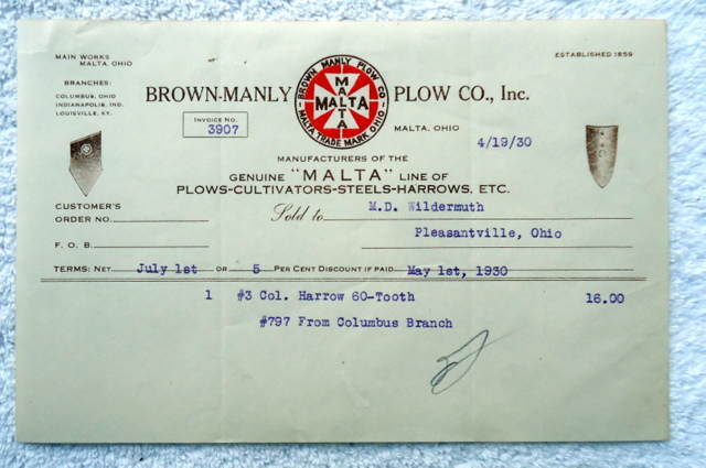 1930 ILLUSTRATED BILLHEAD BROWN MANLY PLOW CO MALTA OHIO #B7