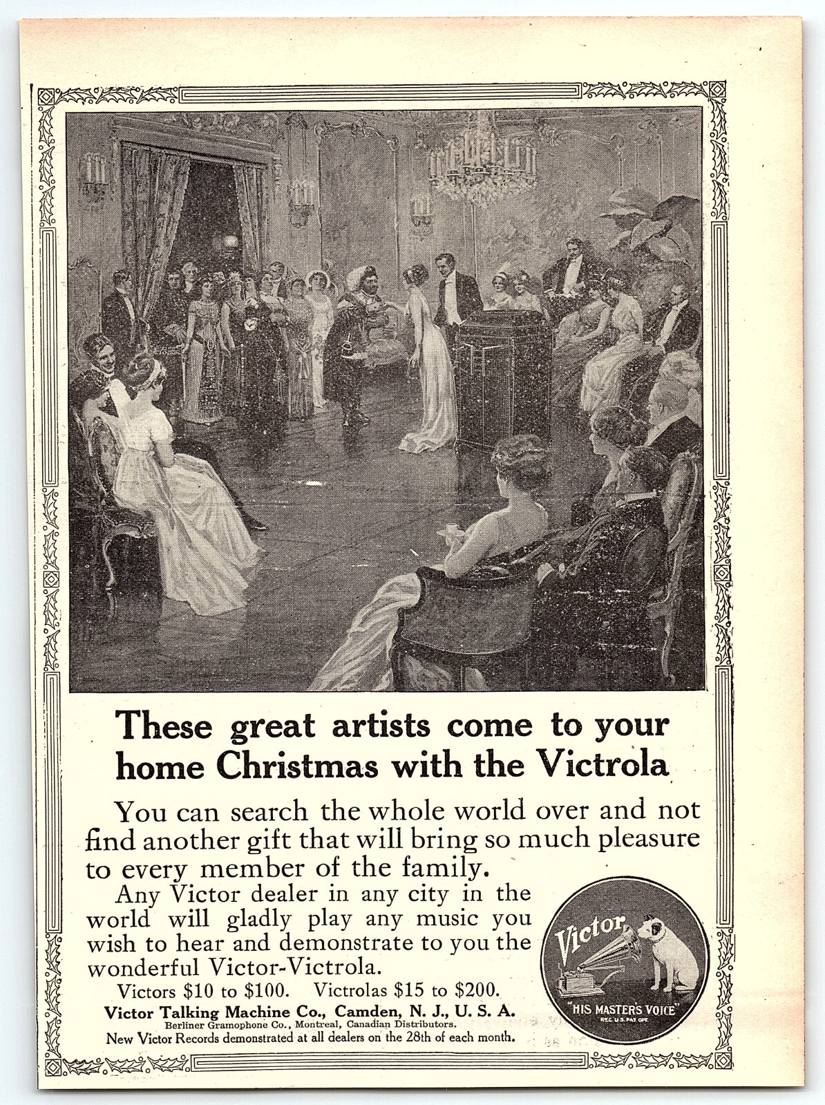 c1910 VICTOR TALKING MACHINE COMPANY HIS MASTERS VOICE CHRISTMAS PRINT AD Z3544