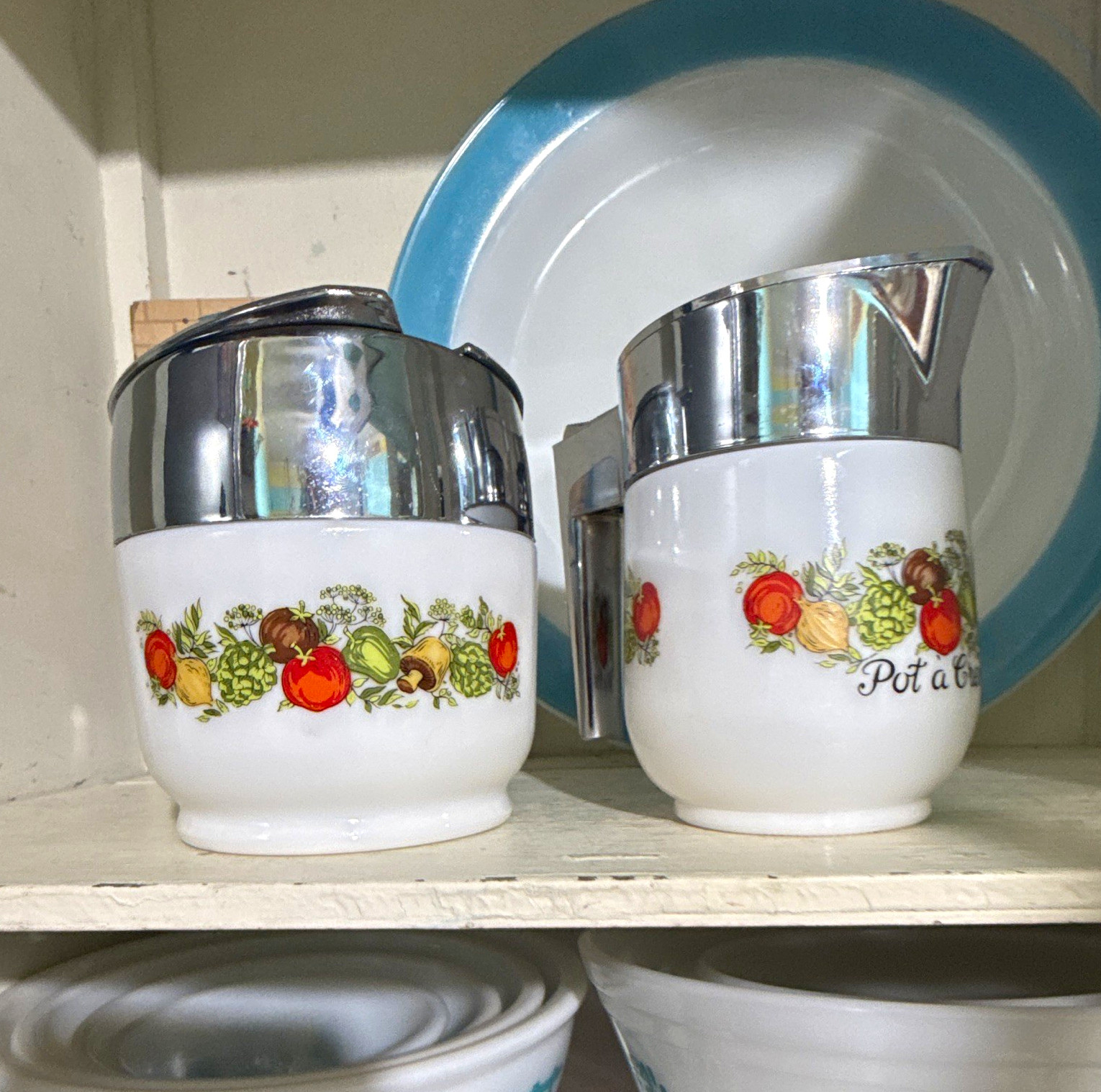 Vintage Ceramic Creamer & Sugar Bowl Set, spice of life milk glass 