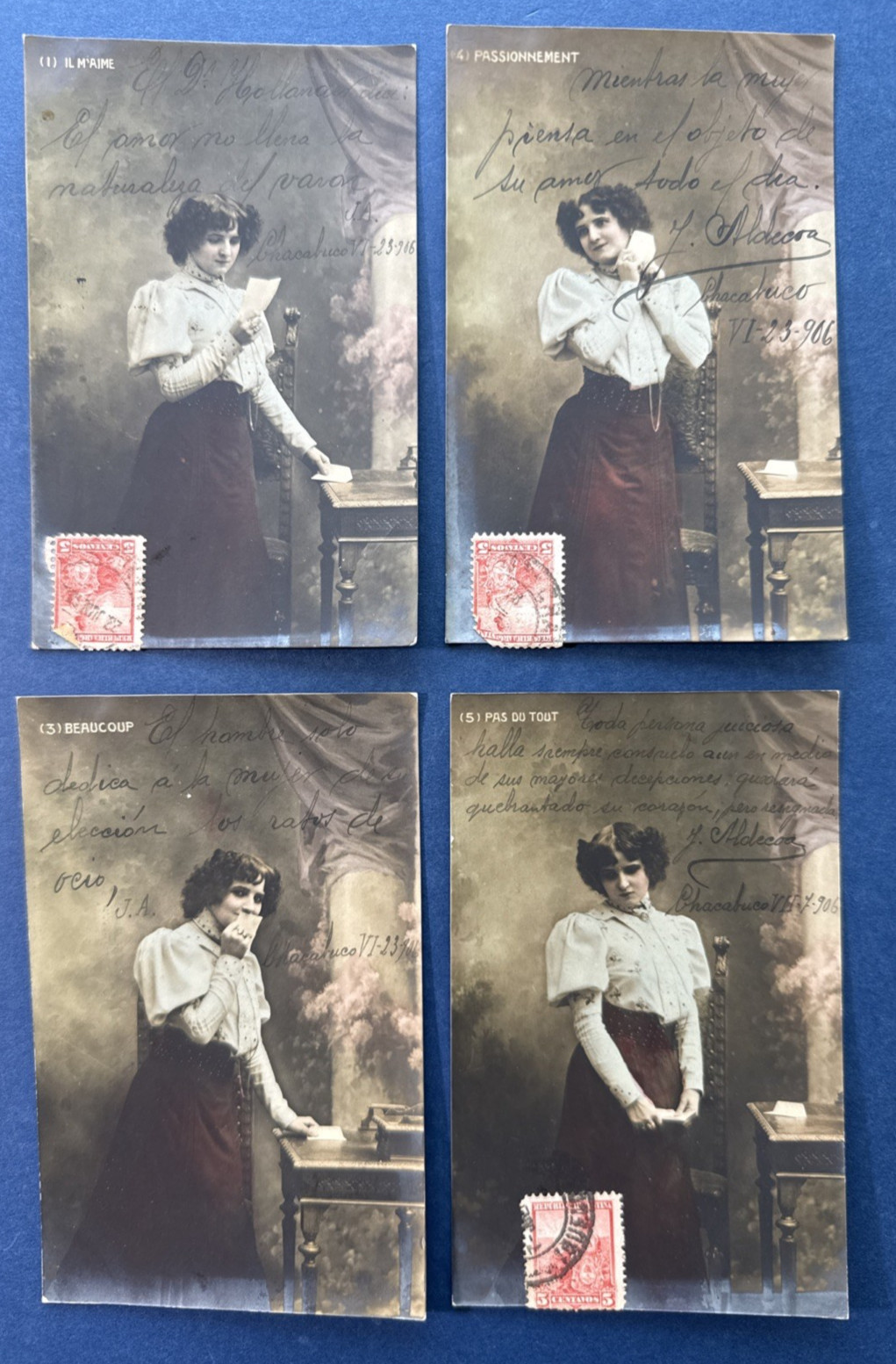 SET 4 Pretty Ladies Greetings Antique Postcards. Fashion.Romance. Argentina 1906