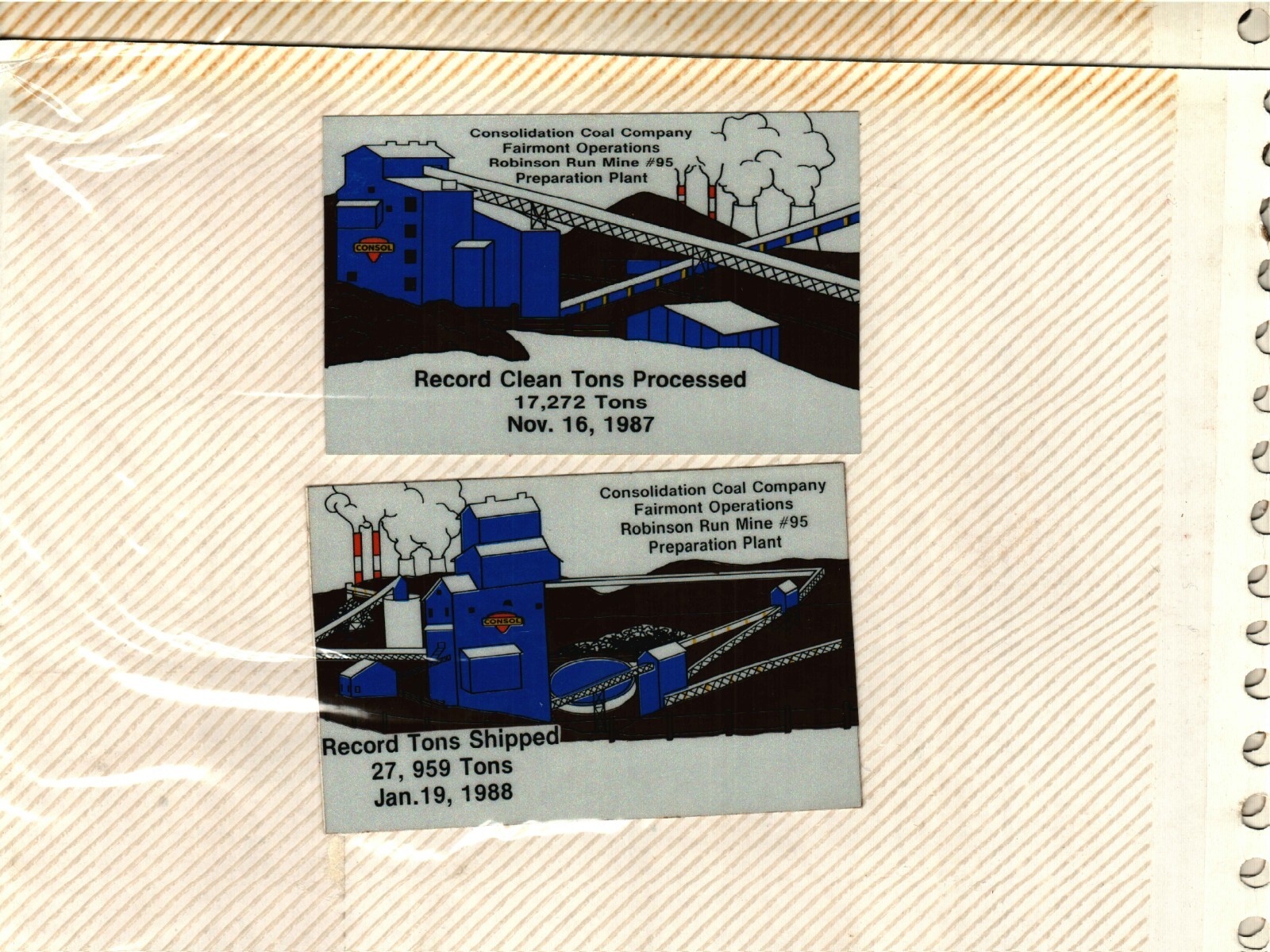 RARE SET OF 2 ROBINSON RUN MINE # 95 CONSOL COAL CO. COAL MINING STICKERS # 1124