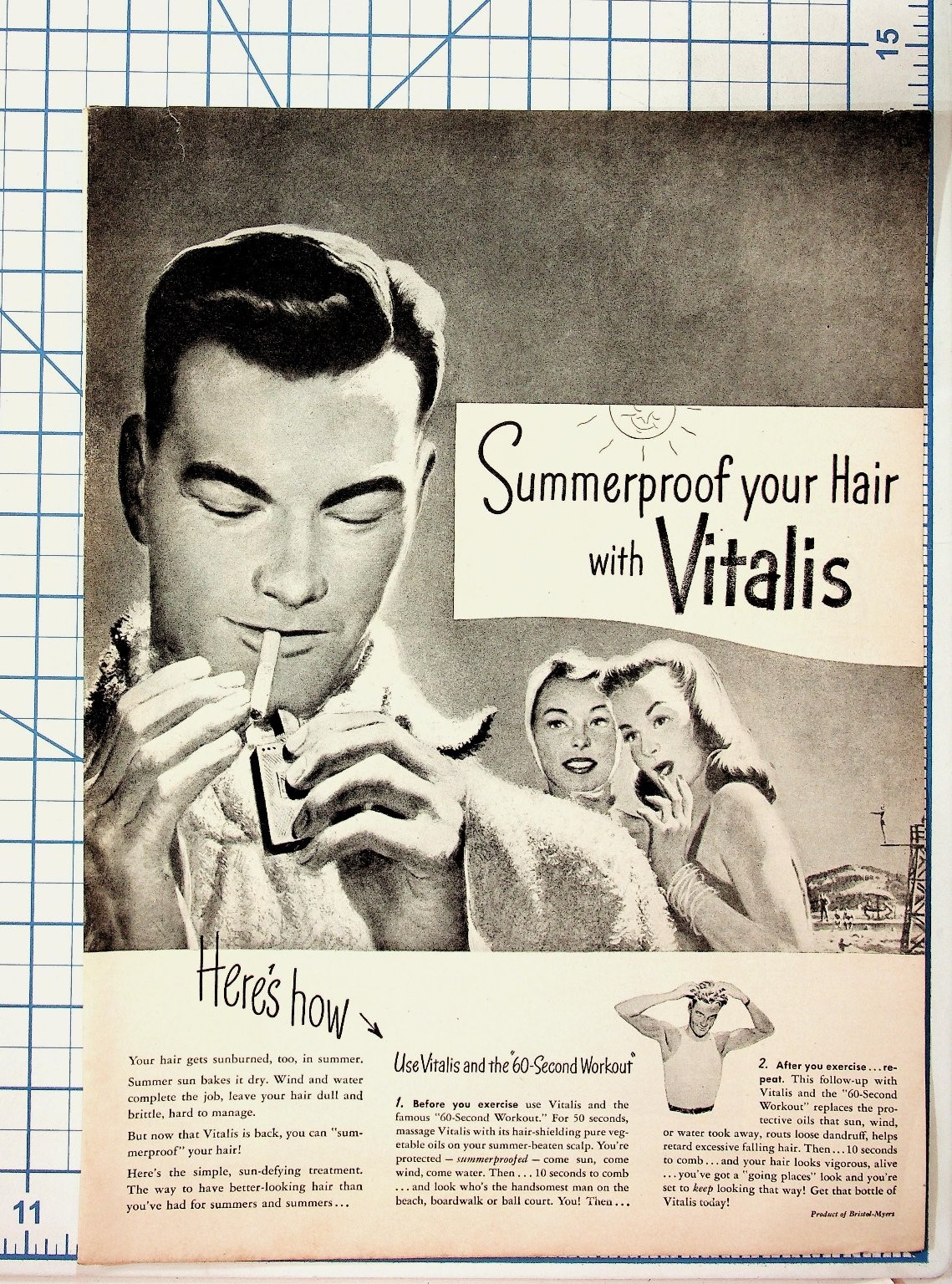Vintage Vitalis Hair Tonic Ad 1940s 50s Summerproof Hair Bristol-Myers Ephemera
