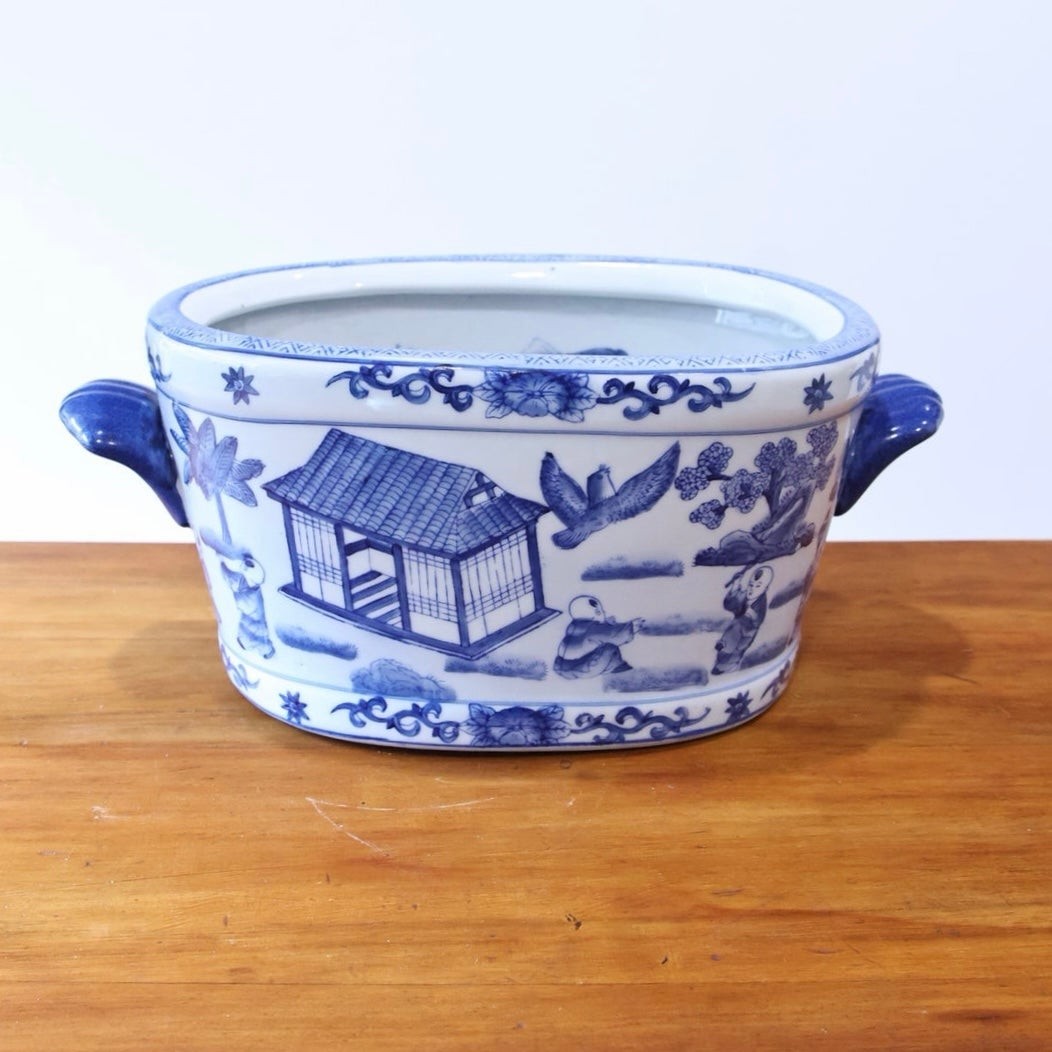 Vtg Blue and White Porcelain Footbath Planter Boys Koi Fish Grandmillennial