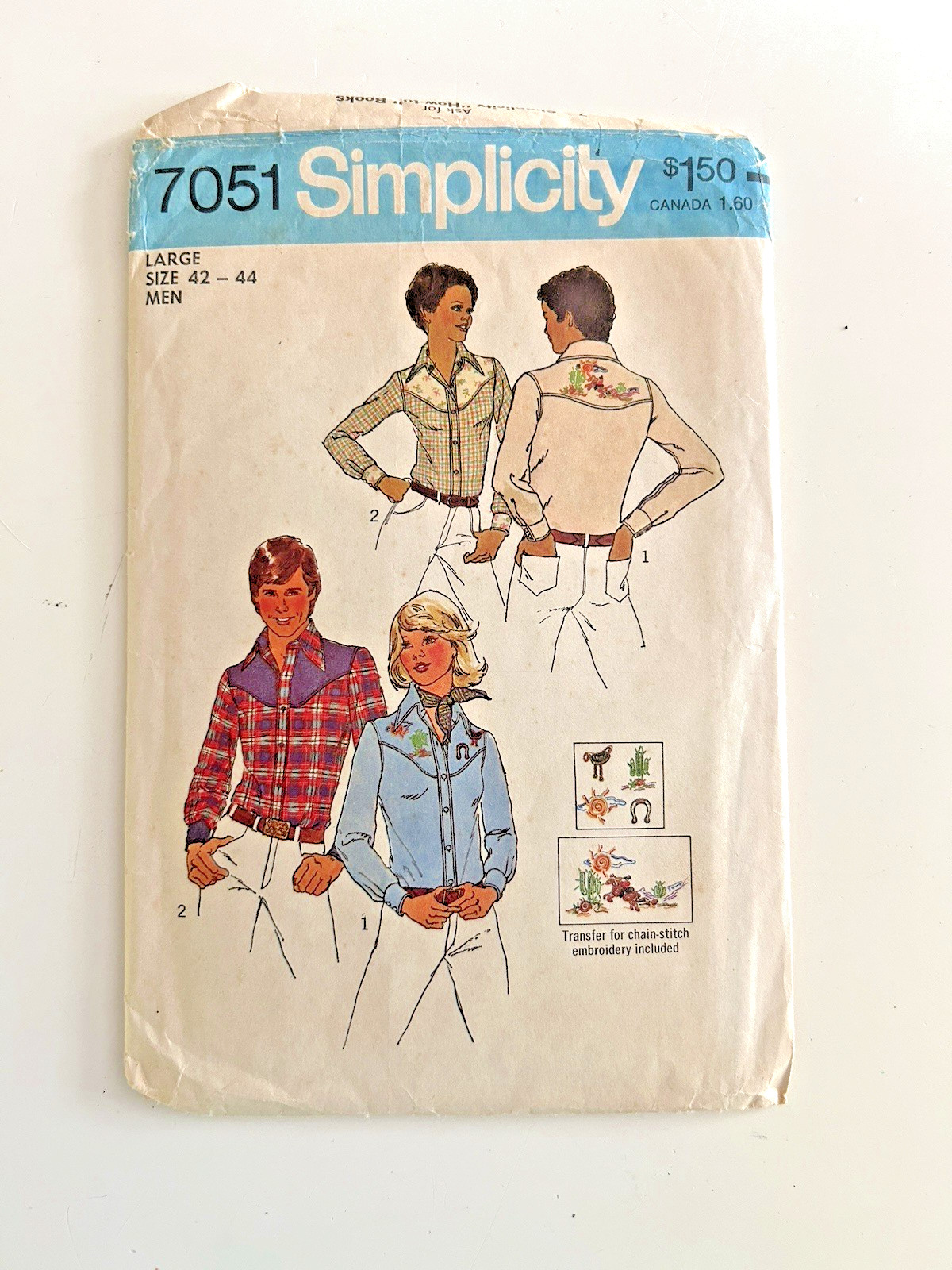 Simplicity 7051 Pattern Vintage 1975 Unisex Misses Men Western Shirt Size L